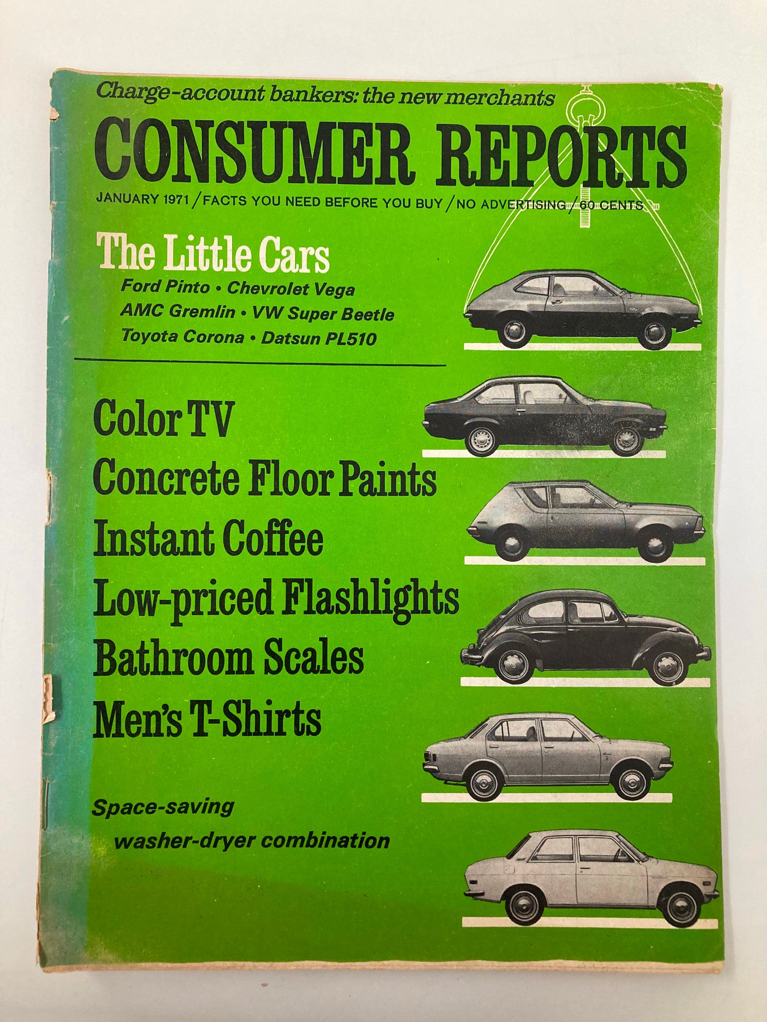 Cover of 'Consumer Reports' magazine from January 1971, featuring the title 'The Little Cars' with a focus on the Ford Pinto and illustrations of multiple compact cars.
