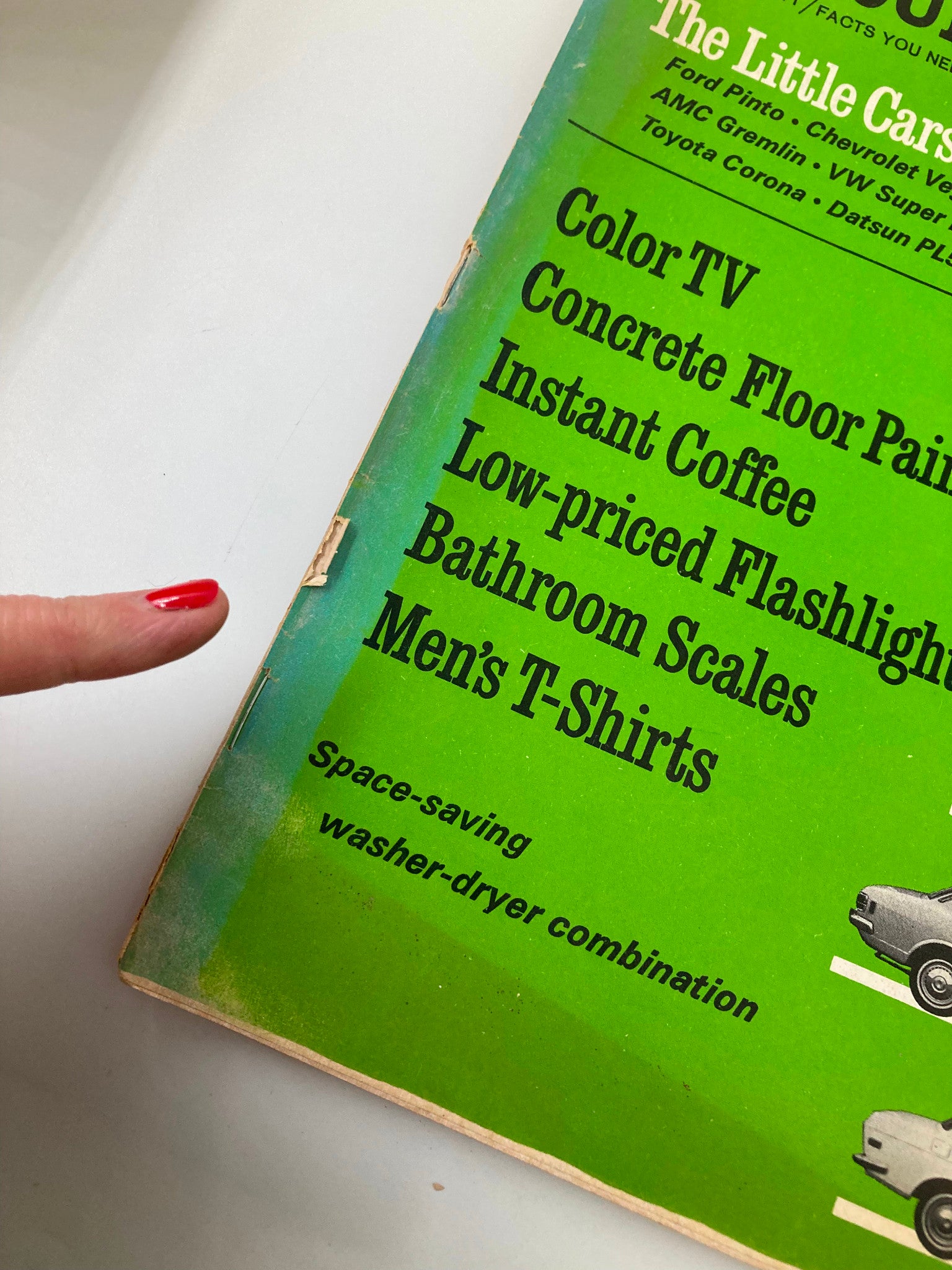 Close-up of the cover of 'Consumer Reports' magazine January 1971, highlighting various product listings, including automotive sections like the Ford Pinto.