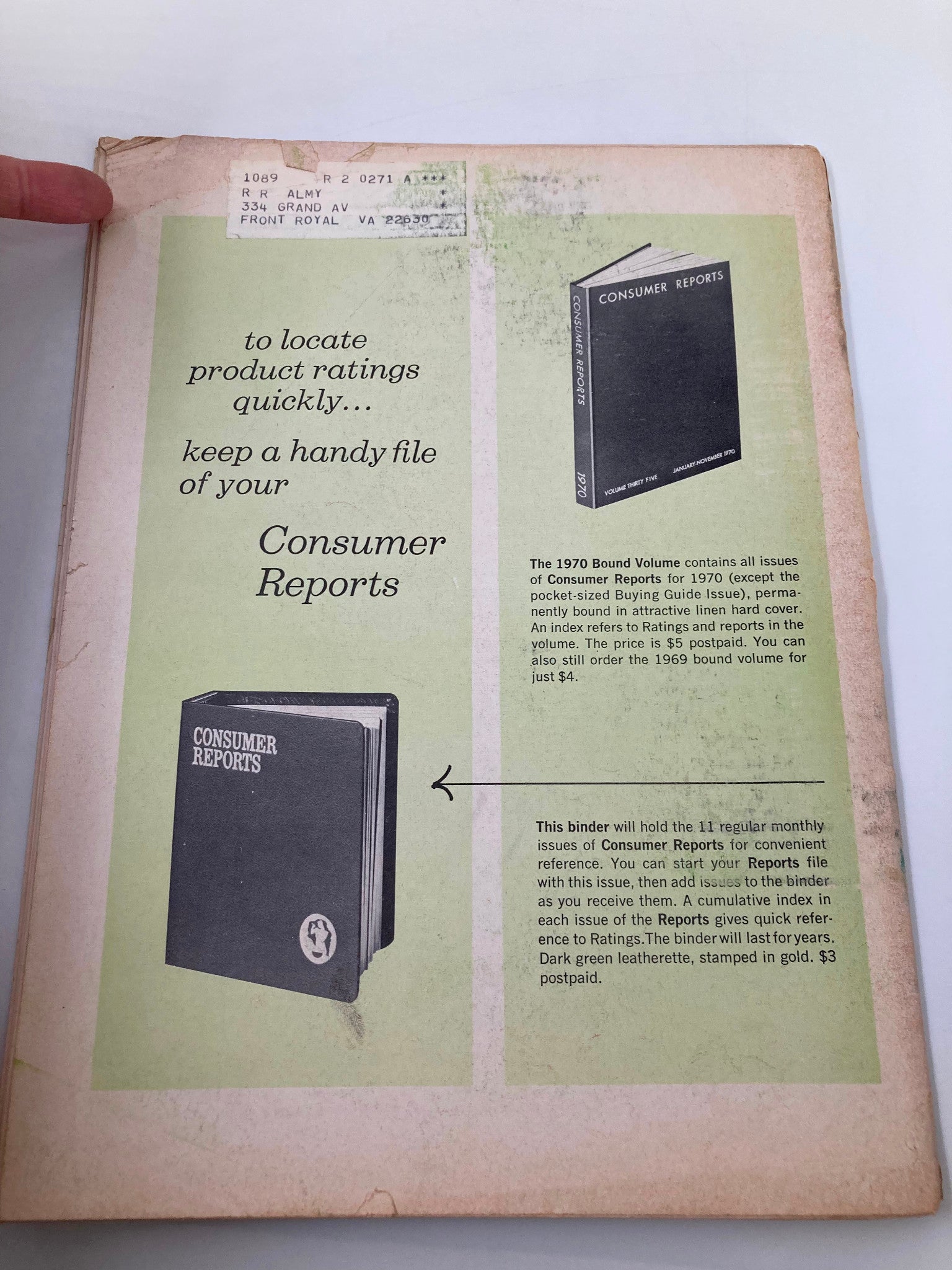 Back cover of the 'Consumer Reports' magazine from January 1971, displaying a product binder advertisement and consumer resource information.