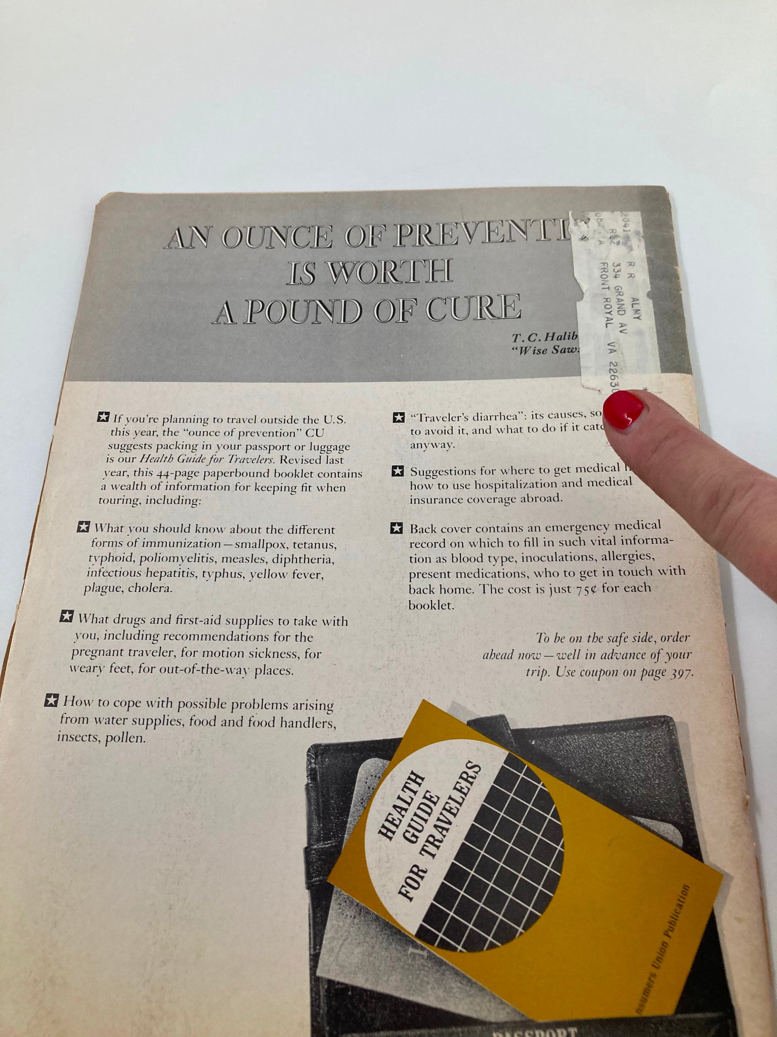 Back cover of the VTG Consumer Reports Magazine June 1971 with tips for travelers and a Health Guide for Travelers note.