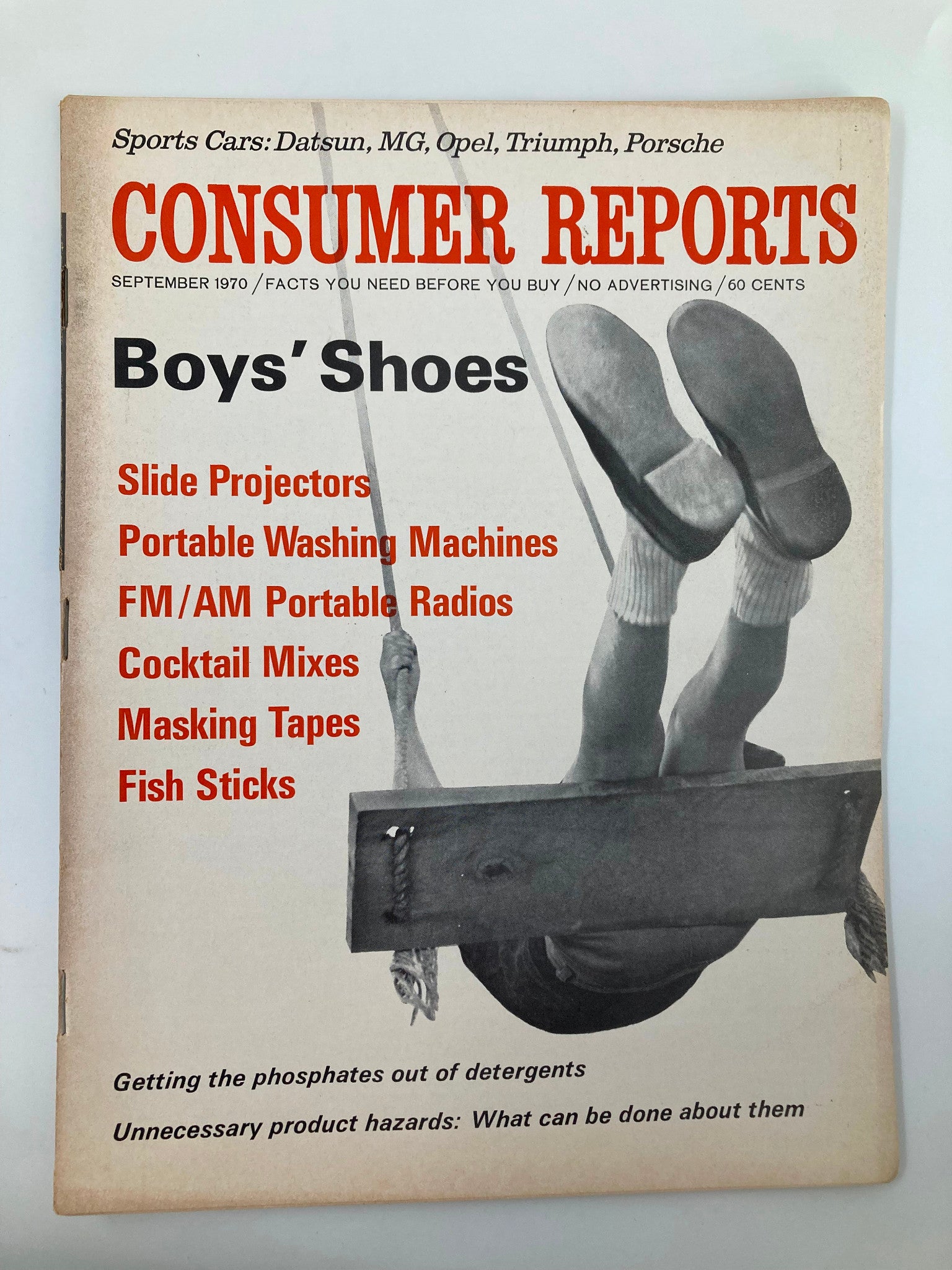 Cover of the September 1970 issue of Consumer Reports featuring articles on Datsun, MG, Triumph sports cars, and additional product reviews. The title reads 'Consumer Reports' with highlights on boys' shoes and various household products.