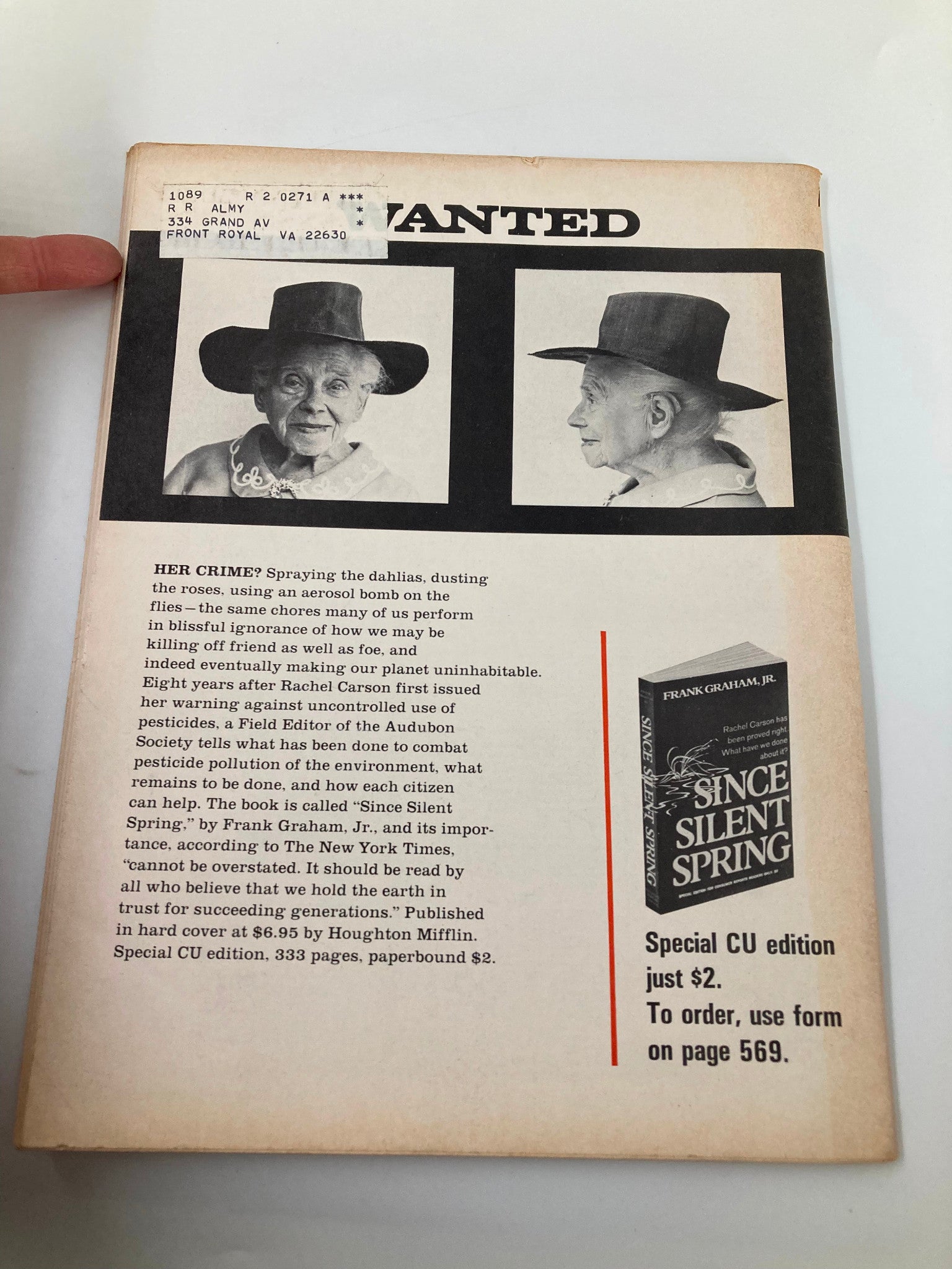 Back cover of the September 1970 Consumer Reports magazine featuring a wanted poster with a woman in a hat, and details about the impact of pesticides on the environment.