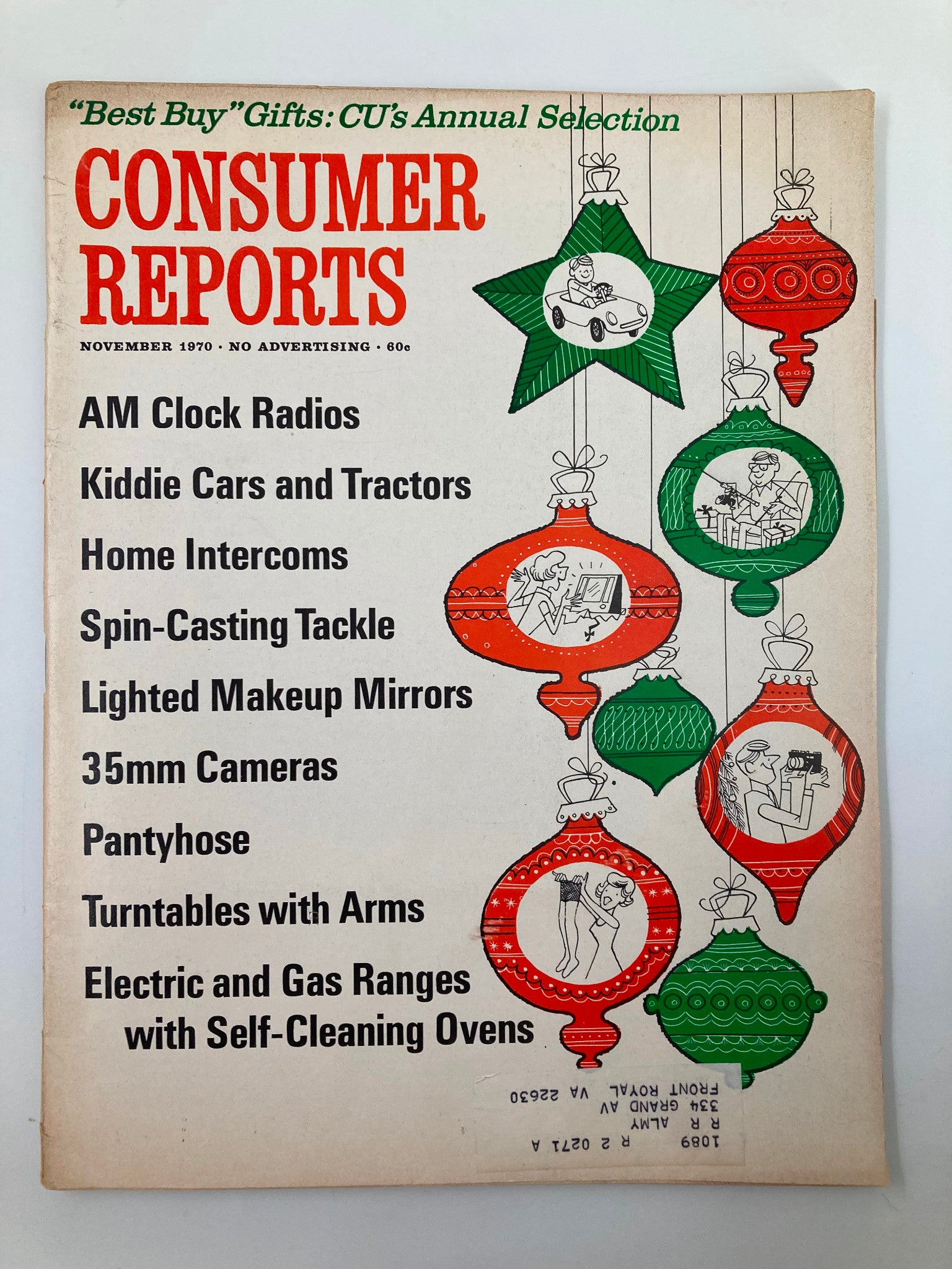Cover of Consumer Reports Magazine from November 1970, featuring articles on Kiddie Cars and Tractors, with colorful ornaments and various product sections listed.