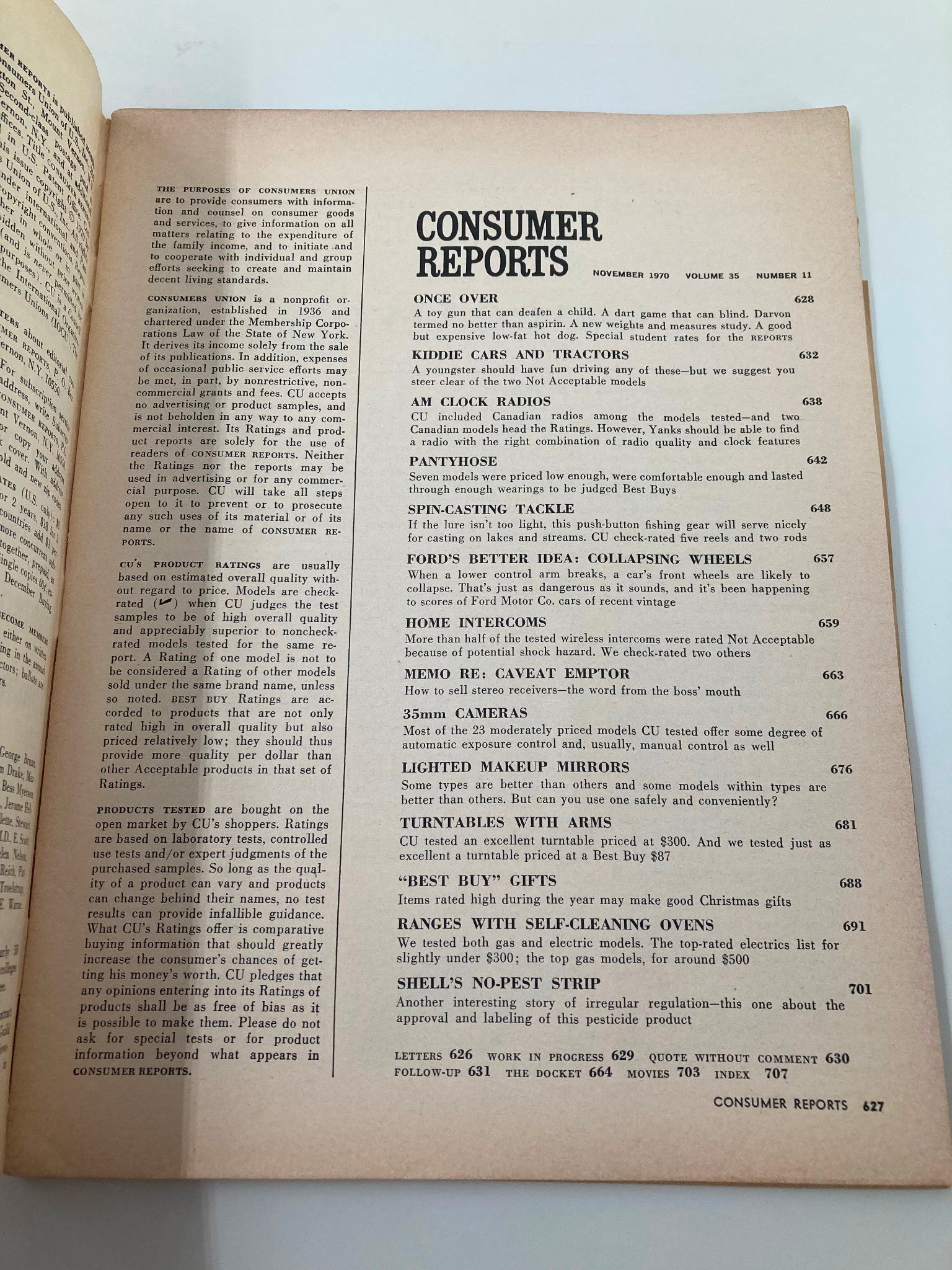 Interior page of Consumer Reports Magazine, November 1970, showcasing the table of contents that includes Kiddie Cars and Tractors among other featured articles.