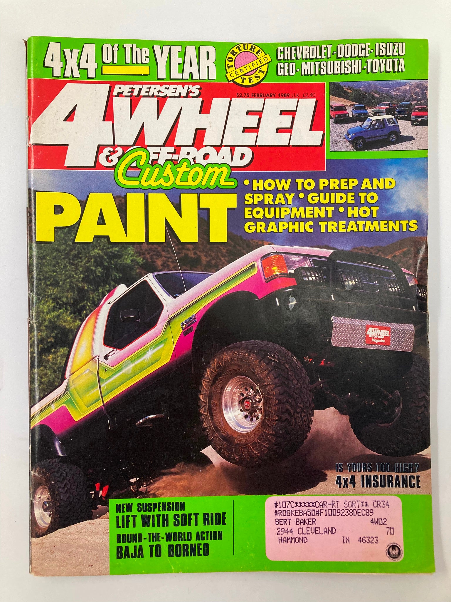 Cover of Petersen's 4 Wheel & Off-Road Magazine February 1989 featuring a colorful off-road vehicle with the headline 'New Suspension Lift with Soft Ride.'