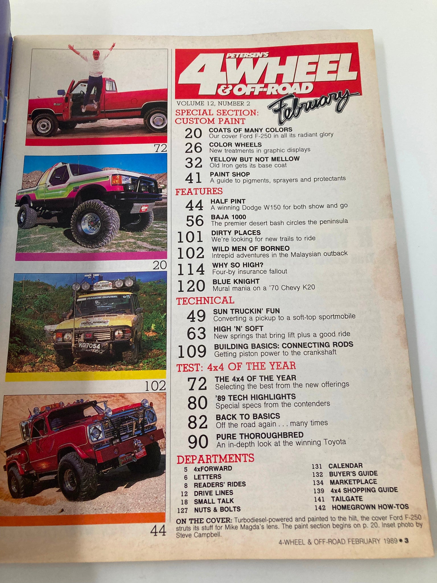 Table of contents from Petersen's 4 Wheel & Off-Road Magazine February 1989 showcasing articles on custom paint, off-road vehicles, and technical features.
