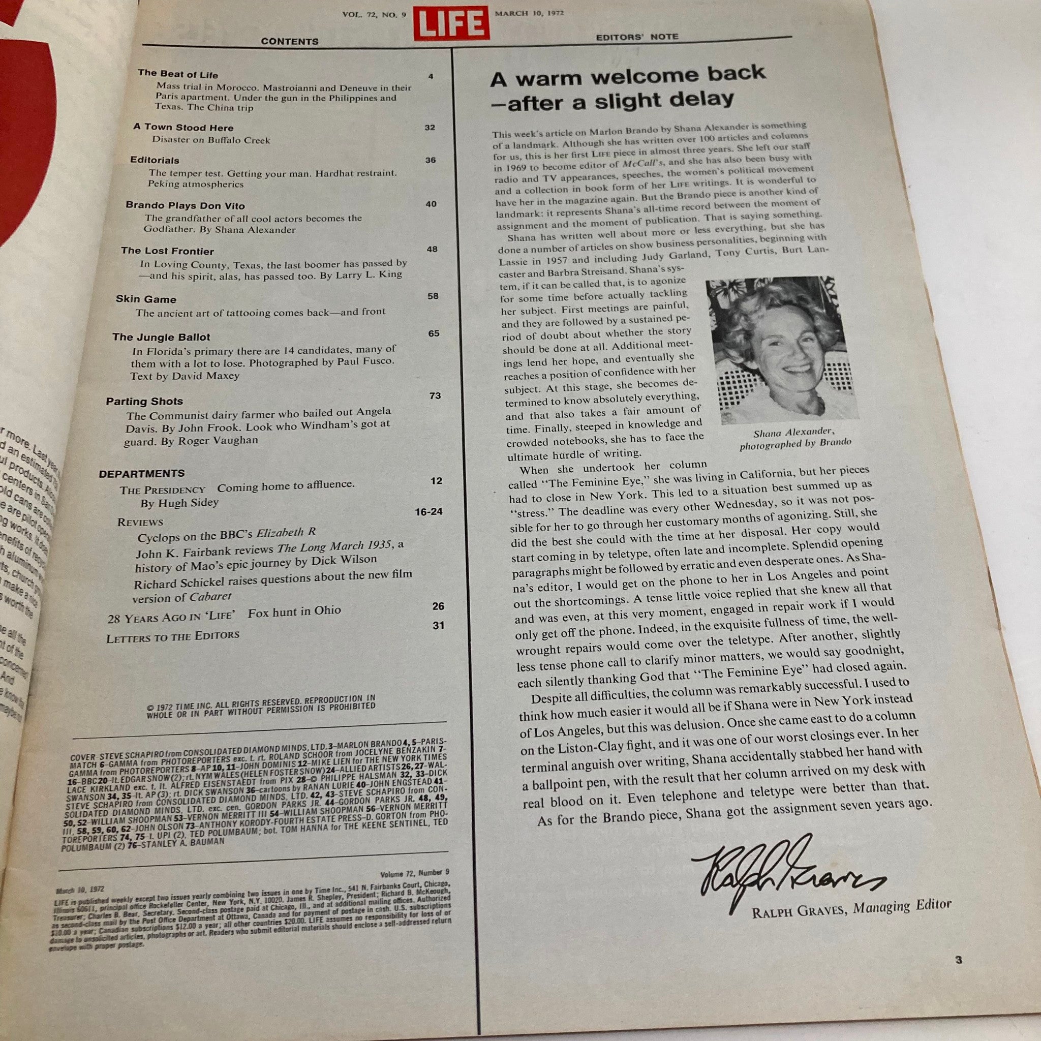 Contents page of VTG Life Magazine March 10 1972, detailing articles including 'Brando Plays Don Vito', showcasing the magazine's historical relevance and cultural insights.