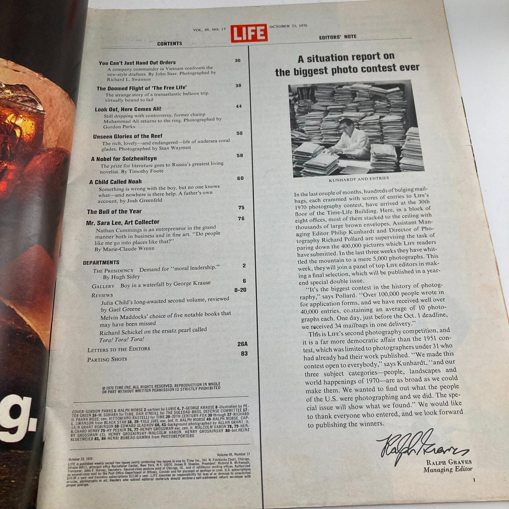 Table of contents page from the VTG Life Magazine October 23, 1970, outlining featured articles including Muhammad Ali's return.