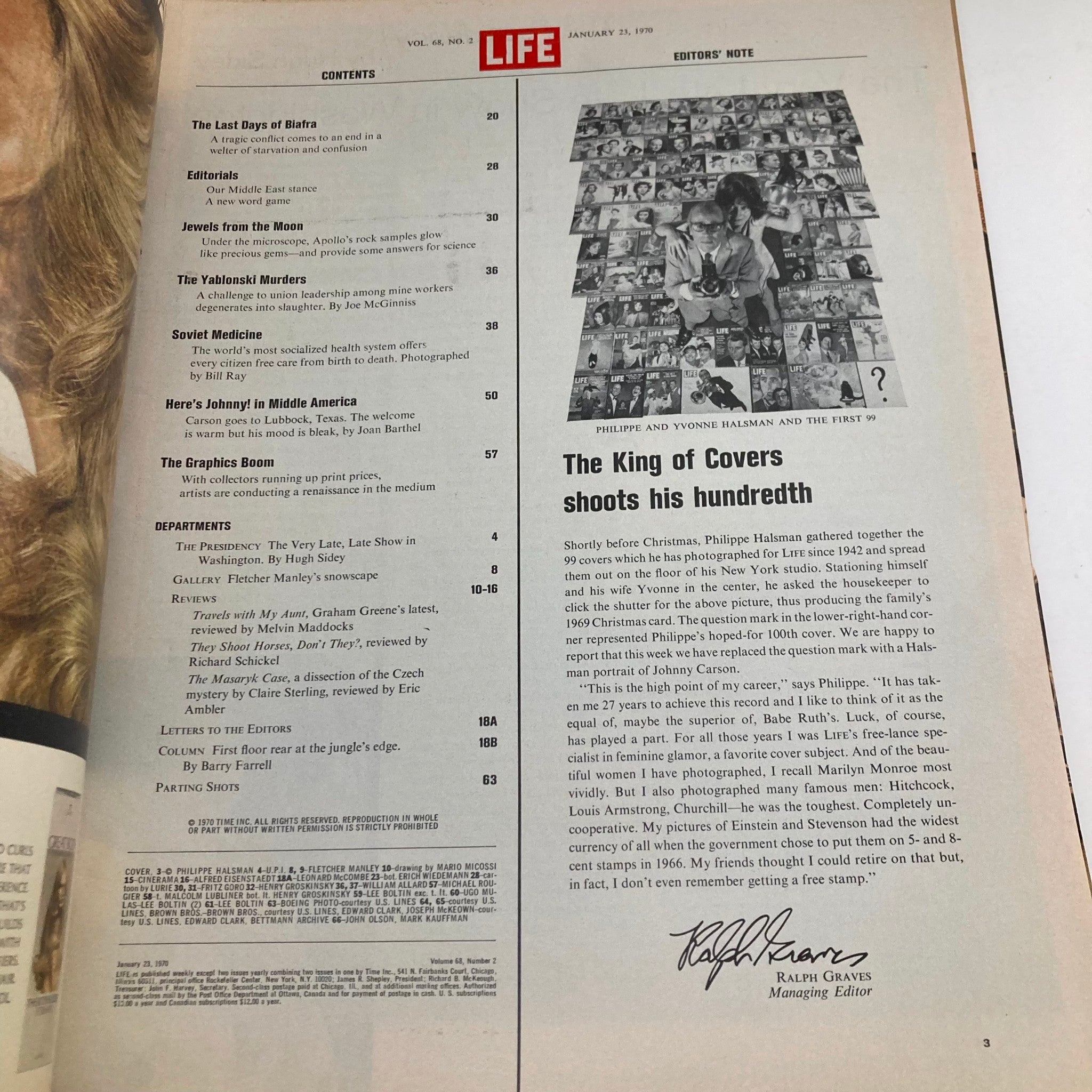 Contents page of VTG Life Magazine January 23 1970 detailing articles including 'The Last Days of Biafra' and features on Johnny Carson.