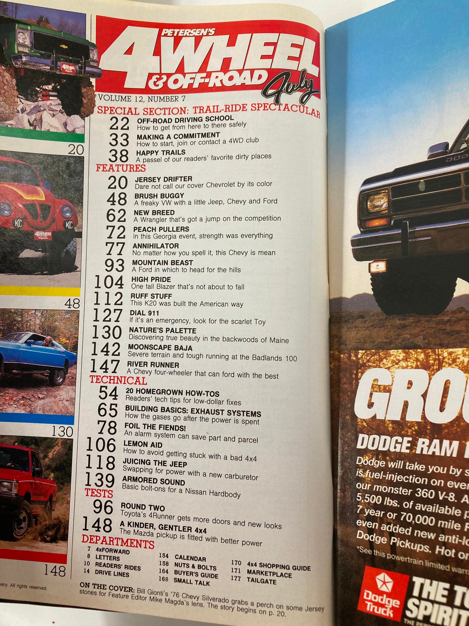 Interior page of Petersen's 4 Wheel & Off-Road Magazine July 1989 listing features and articles on custom trucks and off-roading.