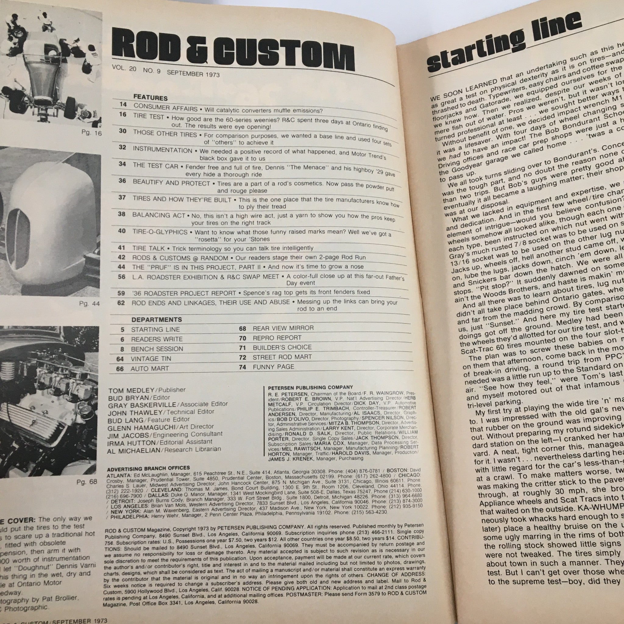 VTG Rod & Custom Magazine September 1973 interior page highlighting features and contents including articles on tire construction, balancing, and automotive maintenance.