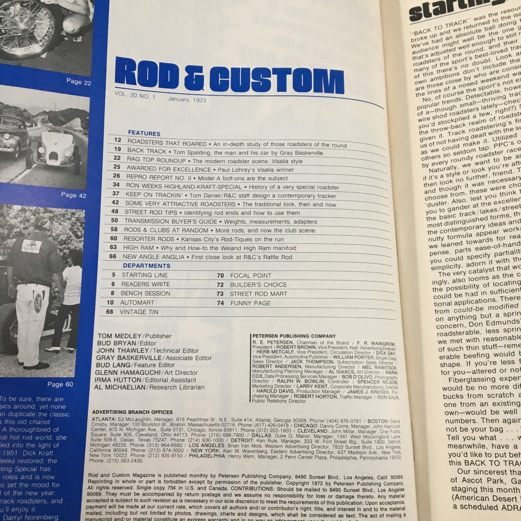 Interior page from the VTG Rod & Custom Magazine January 1973 displaying the table of contents. Highlights include various articles on roadsters, hot rods, and technical features, reflecting the magazine's rich automotive heritage.