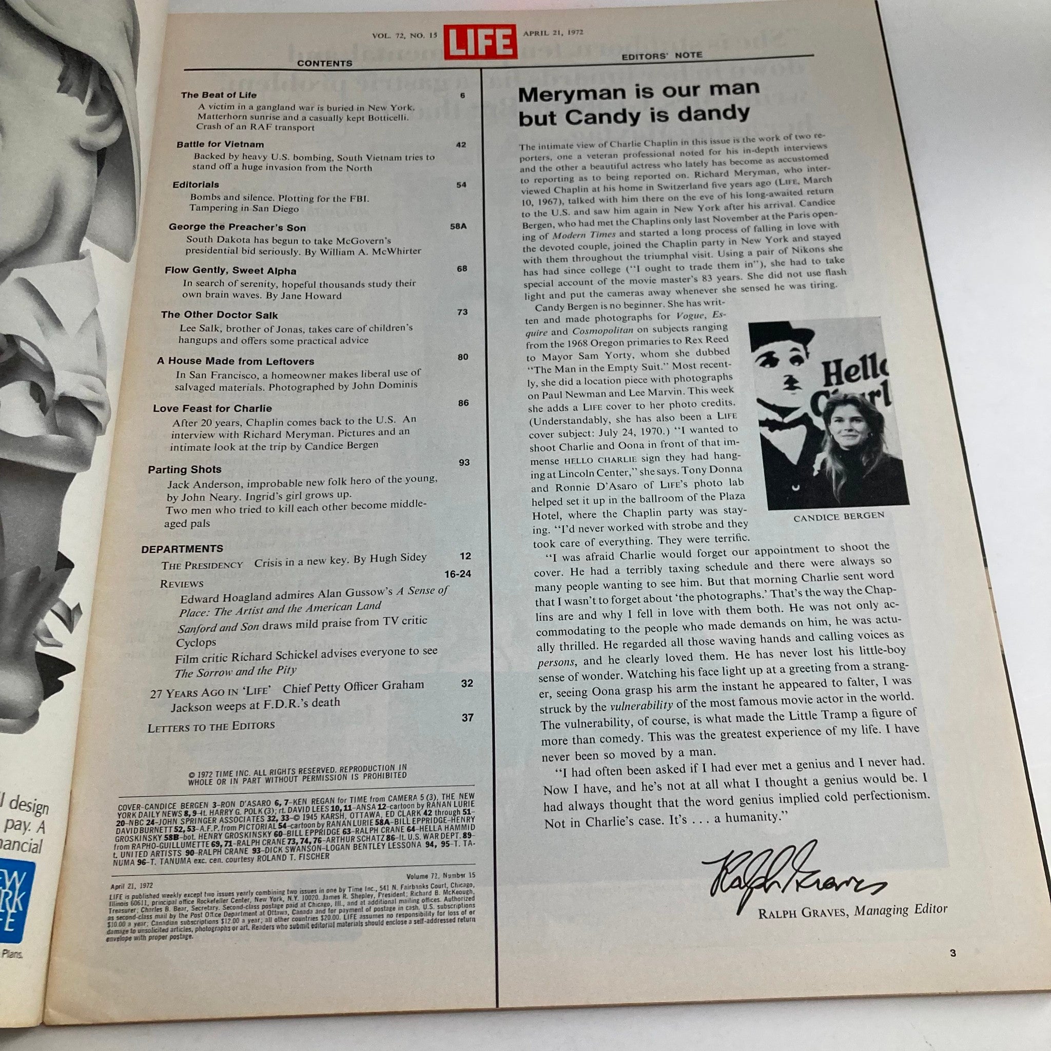 VTG Life Magazine April 21 1972 interior page showing the table of contents and editor's note, highlighting articles related to Charlie Chaplin.