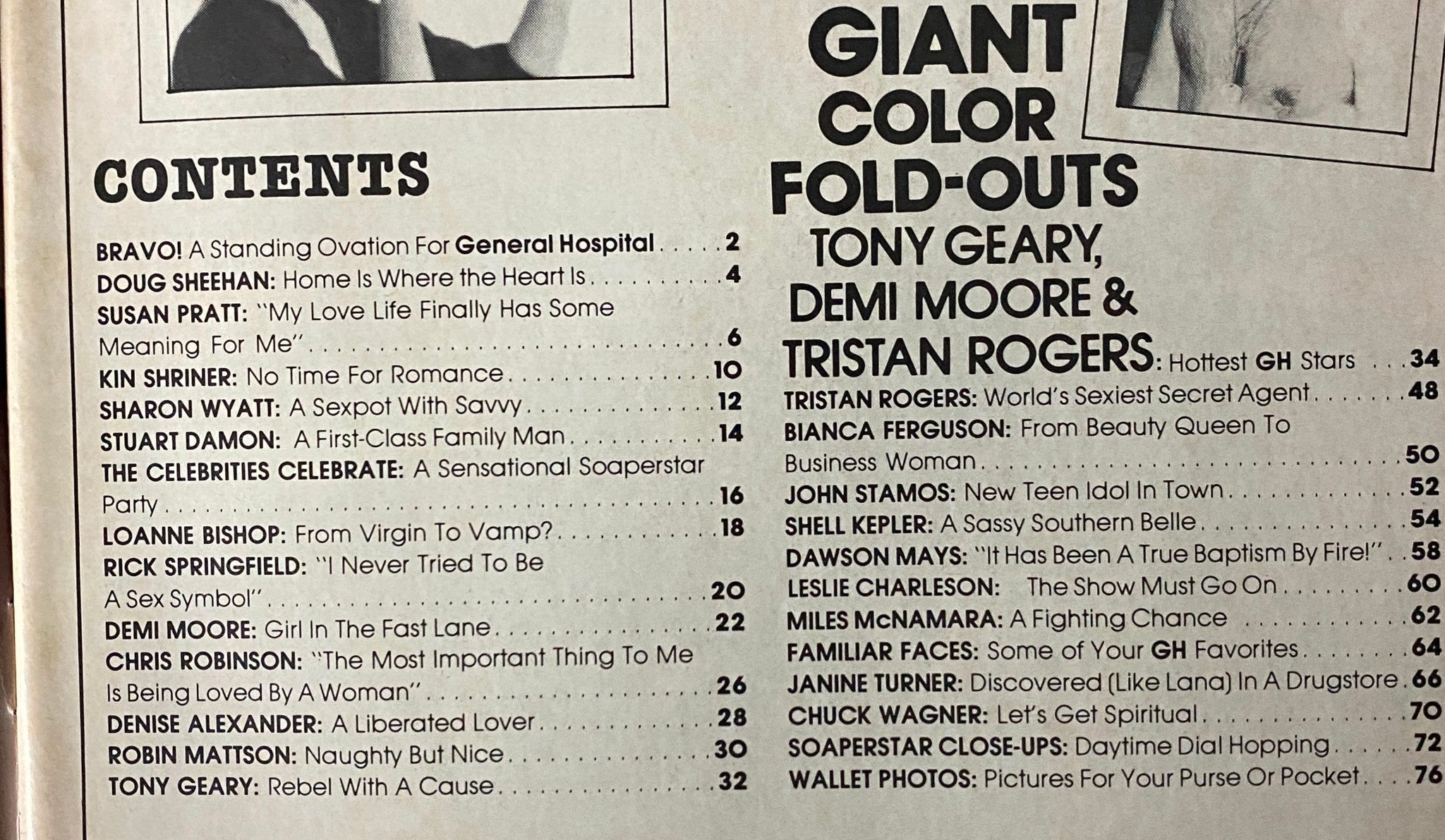 Table of contents from Photoplay Soaperstar Magazine Summer 1982, detailing featured articles and interviews with Tony Geary, Demi Moore, and other soap stars.