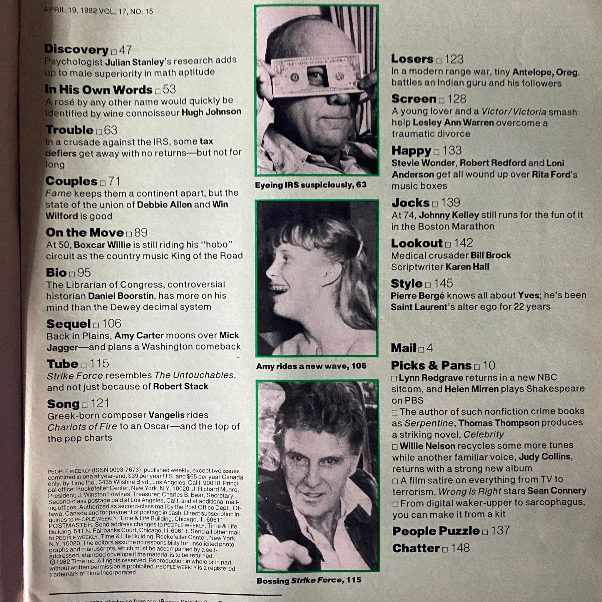 Interior page of People Weekly Magazine from April 19, 1982 displaying a contents overview including features on celebrities and cultural topics from the early 1980s.