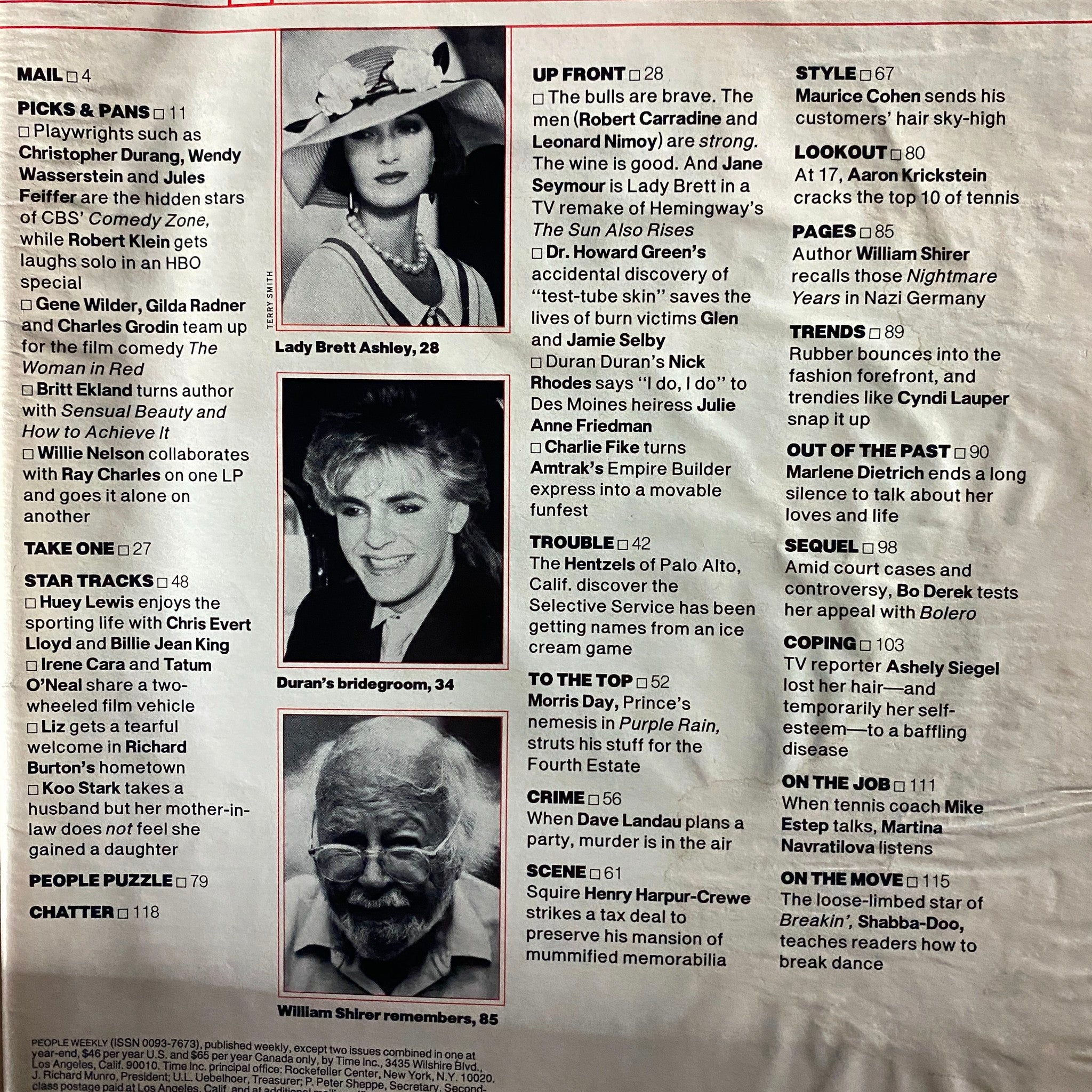 Page from People Weekly Magazine September 3, 1984 highlighting various articles including Lady Brett Ashley and Duran's bridegroom.