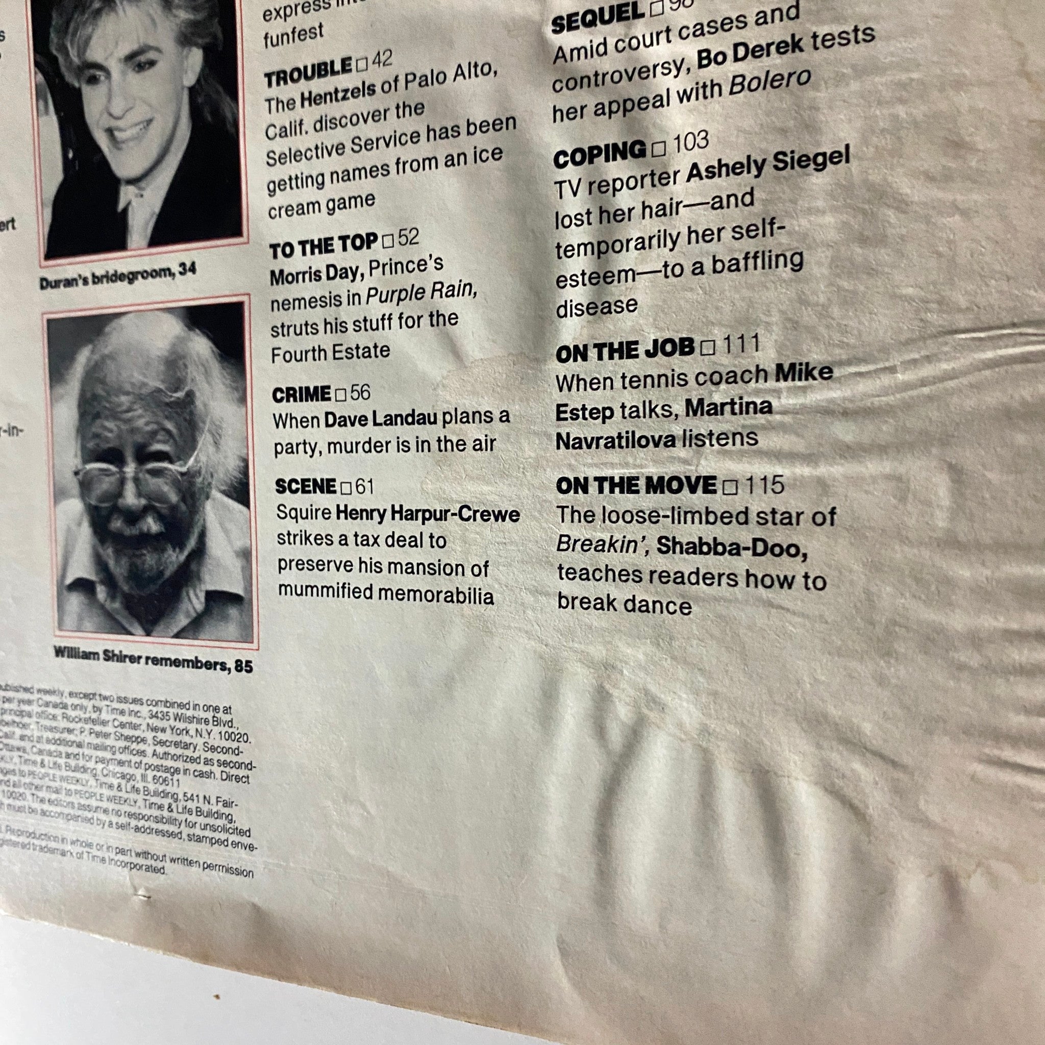 Close-up of an article page from People Weekly Magazine September 3, 1984 covering topics like crime, the entertainment industry, and celebrity interviews.