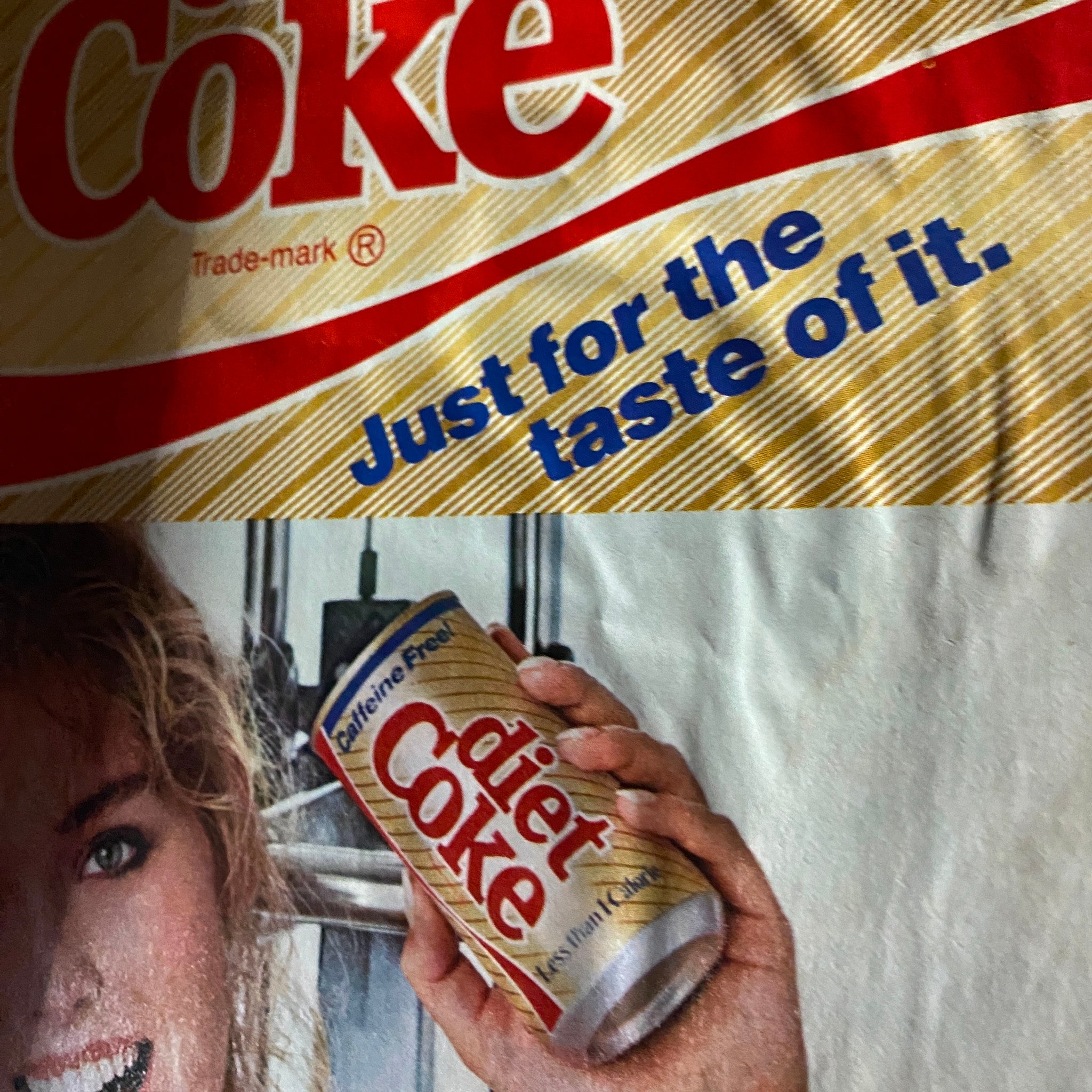 Vintage advertisement for Diet Coke featuring a woman holding a can, promoting the brand with the tagline 'Just for the taste of it.' This ad captures the essence of 1980s pop culture.