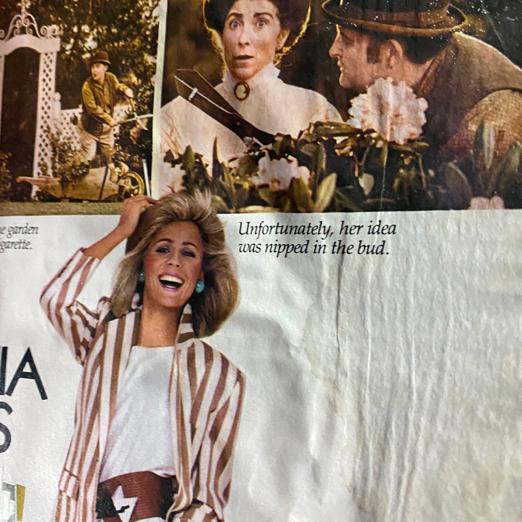 A magazine page showcasing a humorous scene with a woman in a striped blazer and a garden backdrop, featuring the text 'Unfortunately, her idea was nipped in the bud.' from People Weekly Magazine September 3, 1984.