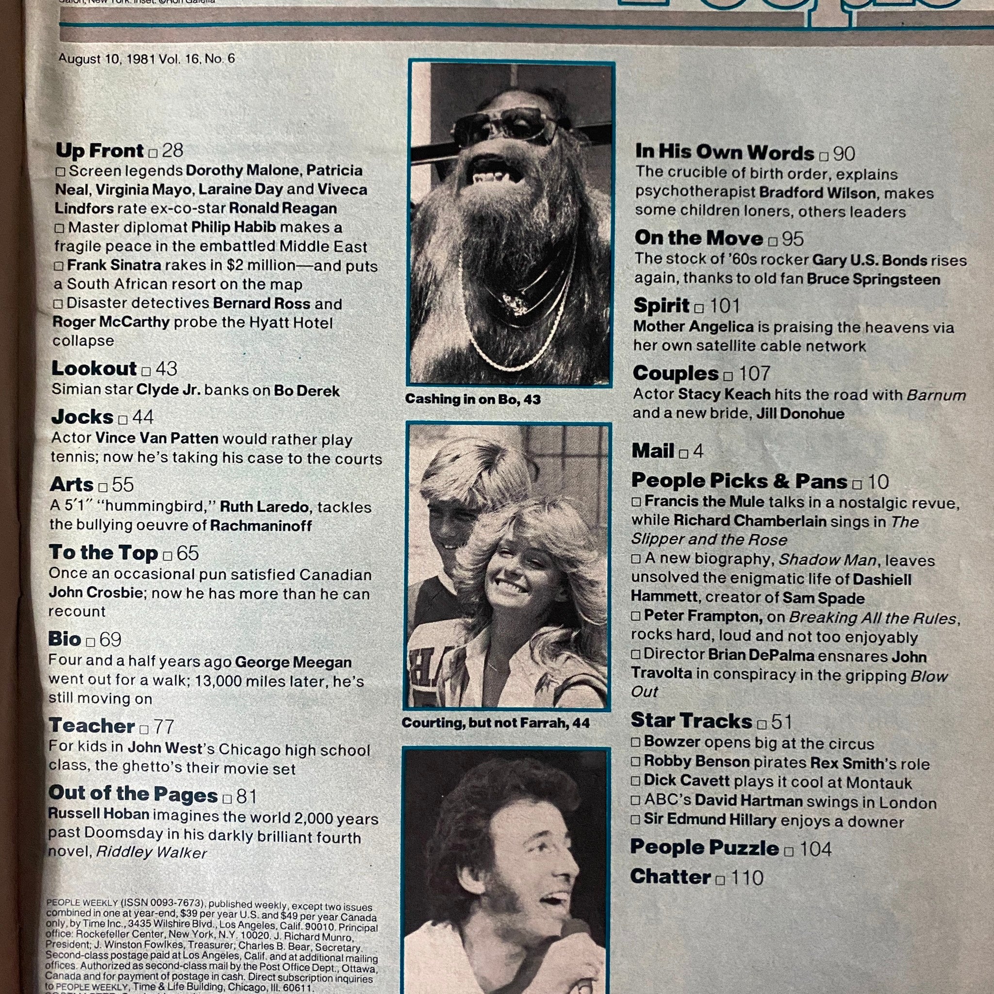 Interior page of People Weekly Magazine August 10, 1981, listing articles about celebrities and significant cultural events.'