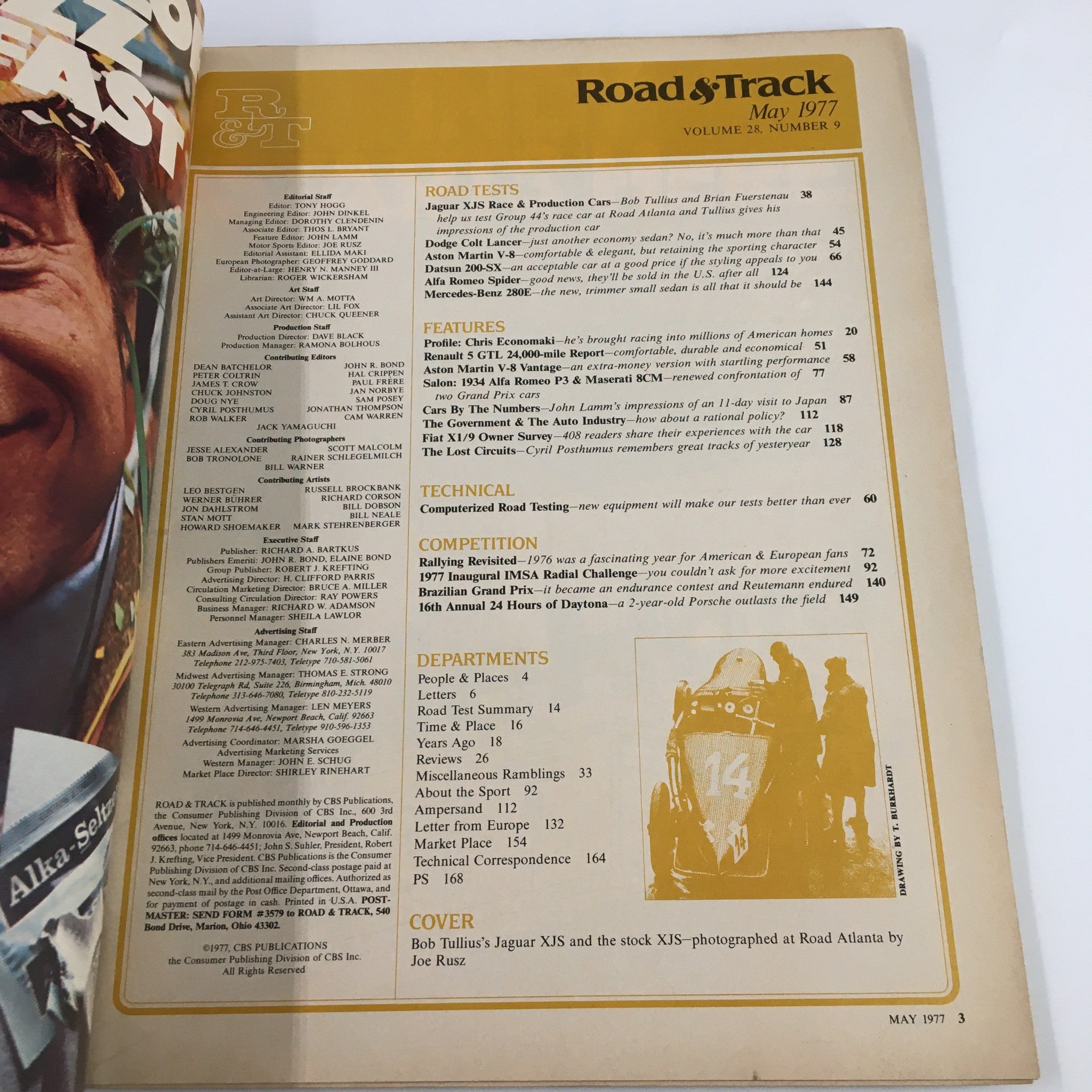 Contents page of VTG Road & Track Magazine May 1977, listing articles including road tests and features, with reference to the Jaguar XJS and other notable cars.