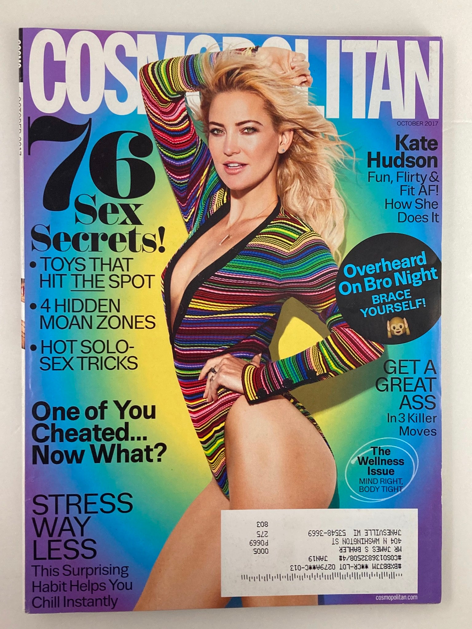 Cover of Cosmopolitan Magazine October 2017 featuring Kate Hudson, promoting her fun and flirty fitness lifestyle with vibrant colors and bold headlines about sex secrets and health tips.