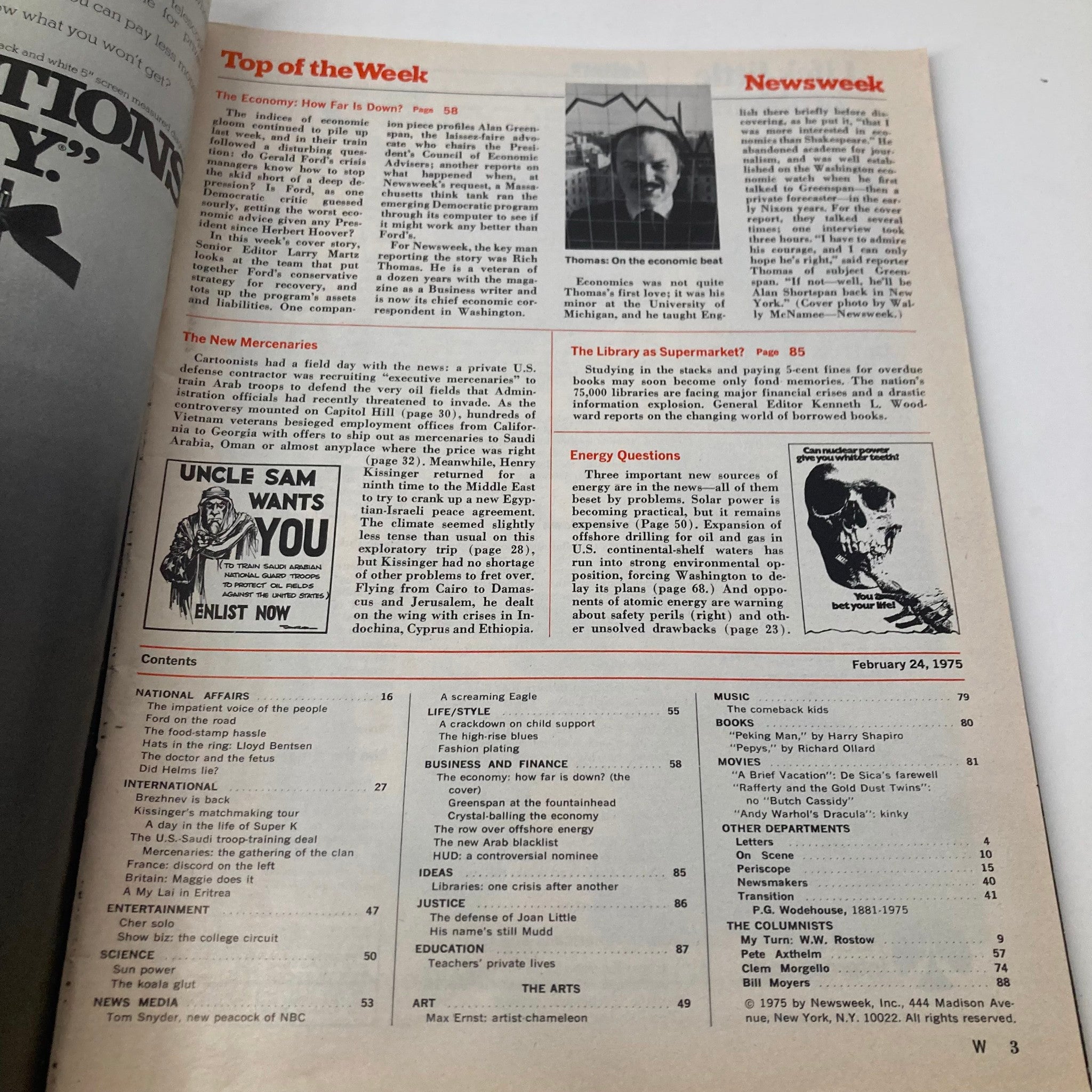 Inside page of the VTG Newsweek Magazine February 24 1975, displaying the contents section and articles related to economic topics and events of the 1970s.