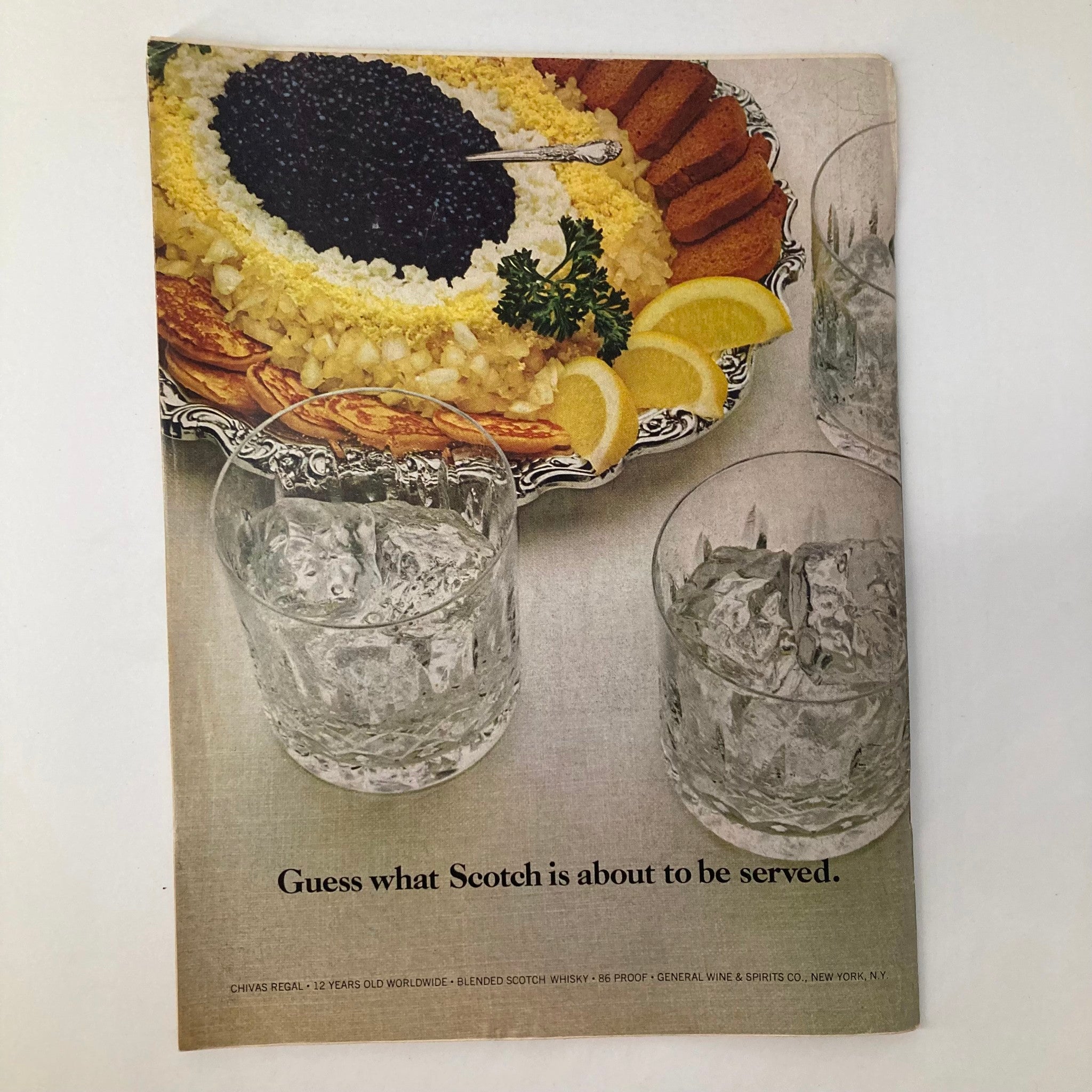 VTG Newsweek Magazine February 24 1975 featuring Alan Greenspan, showcasing a table scene with caviar, lemon, and glasses of Scotch whisky, emphasizing a vintage culinary style.