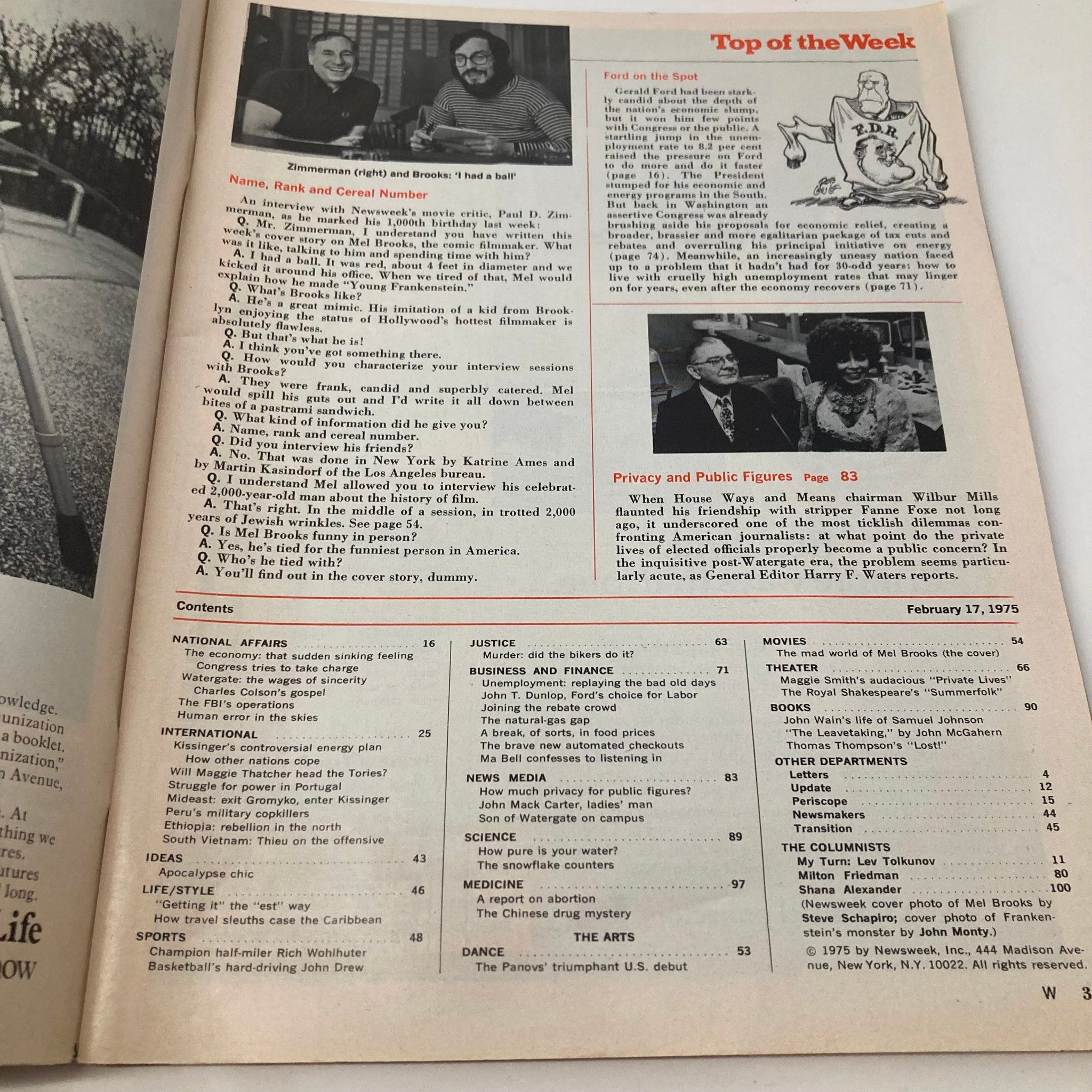 Table of contents from VTG Newsweek Magazine February 17, 1975 including features and articles about Mel Brooks.