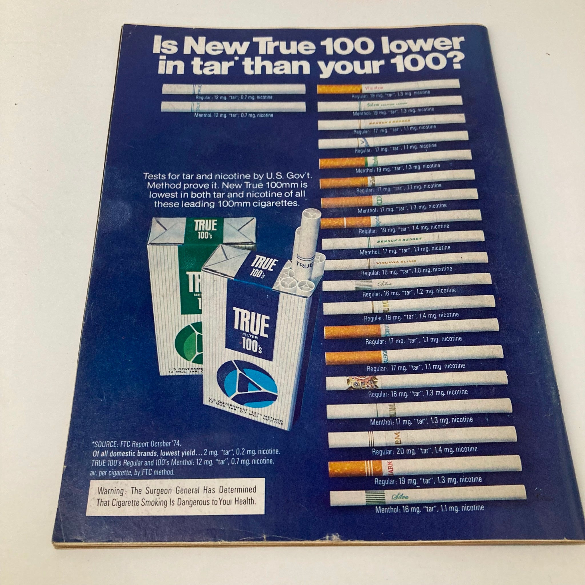 Back cover of VTG Newsweek Magazine February 17, 1975 featuring an advertisement for True cigarettes, promoting lower tar content.