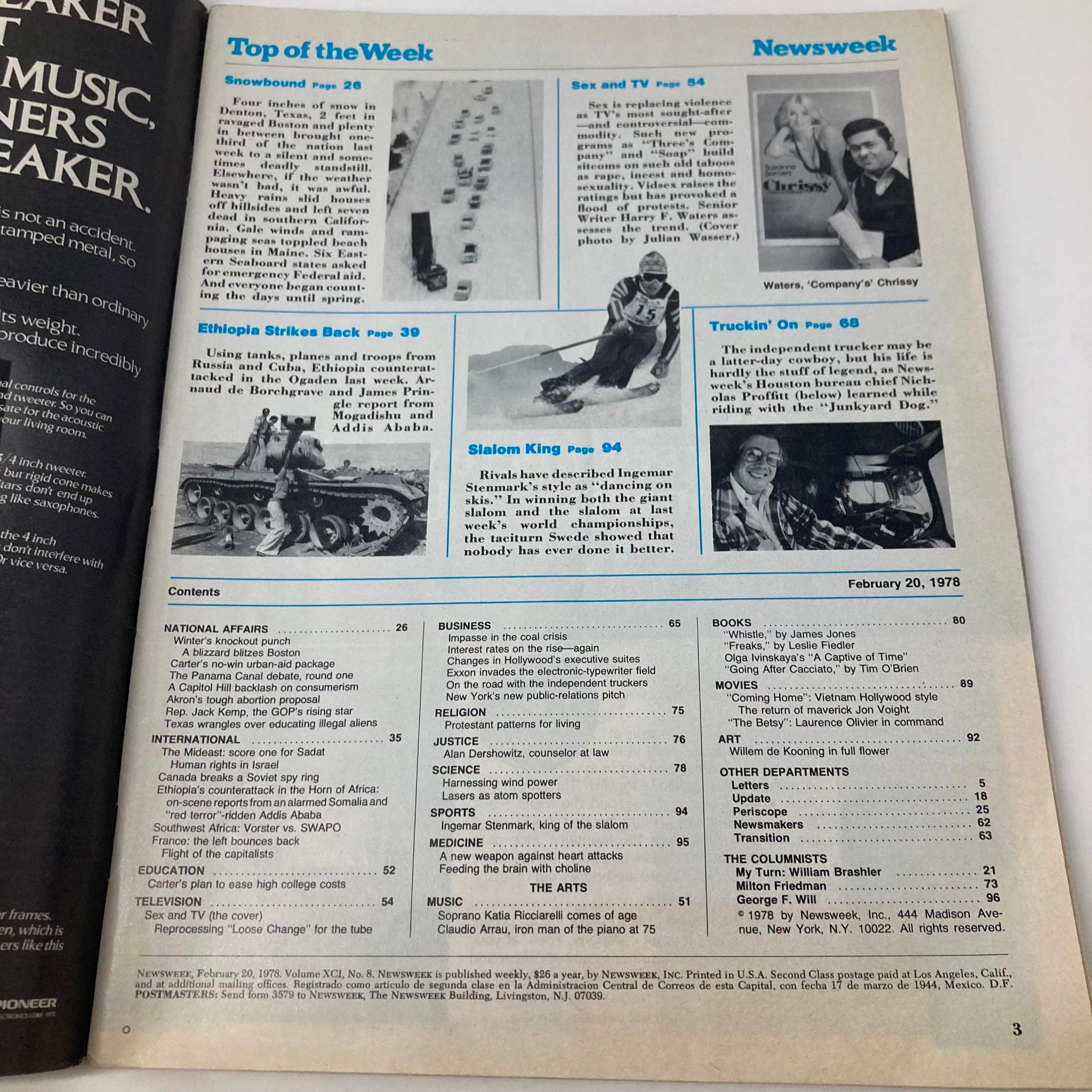 Interior page of the VTG Newsweek Magazine February 20 1978 displaying the table of contents, including various articles and features related to Sex and TV, along with notable mentions of the show Three's Company.