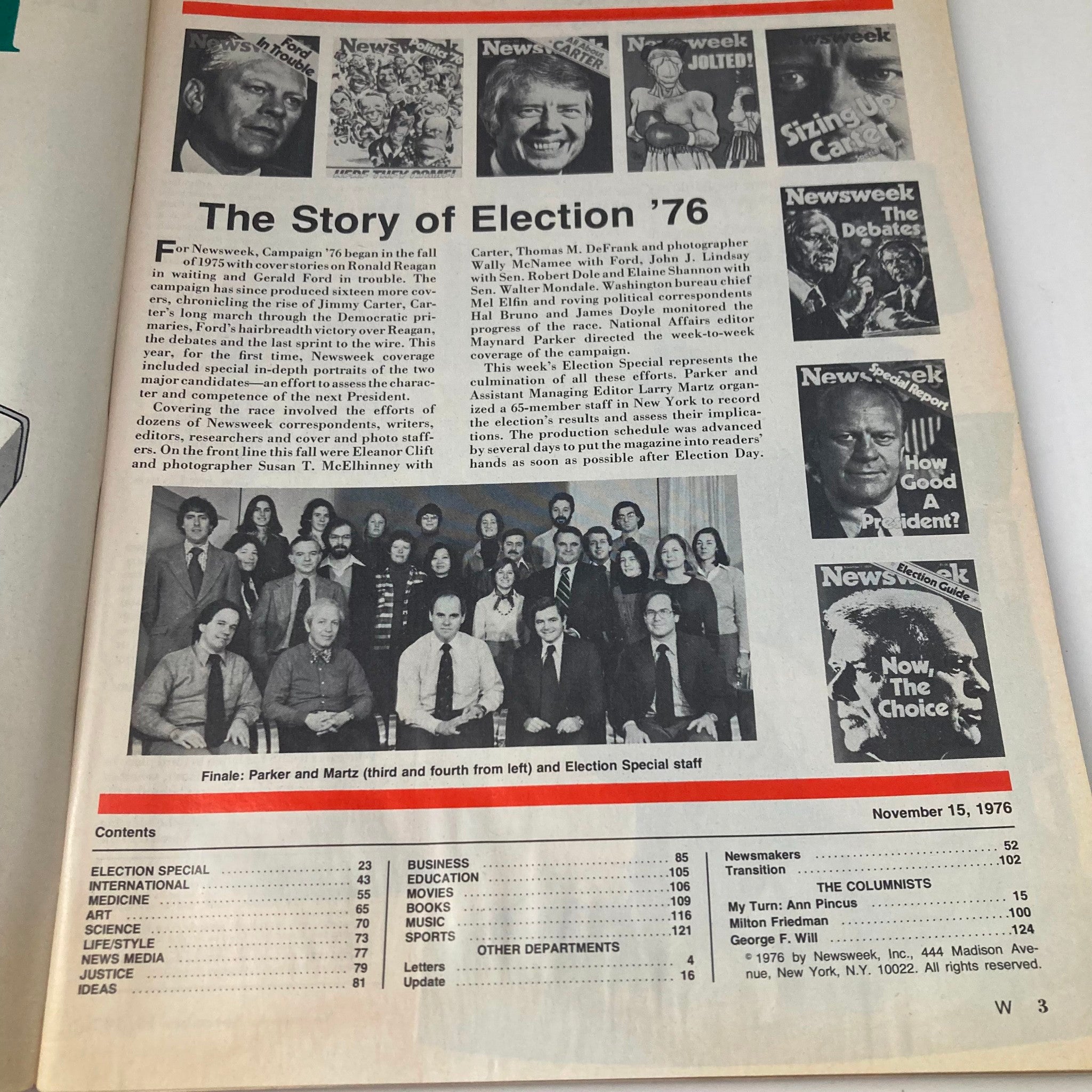 Inside page of VTG Newsweek Magazine November 15, 1976 illustrating the story of Election '76 and featuring the Newsweek staff involved in the election coverage.