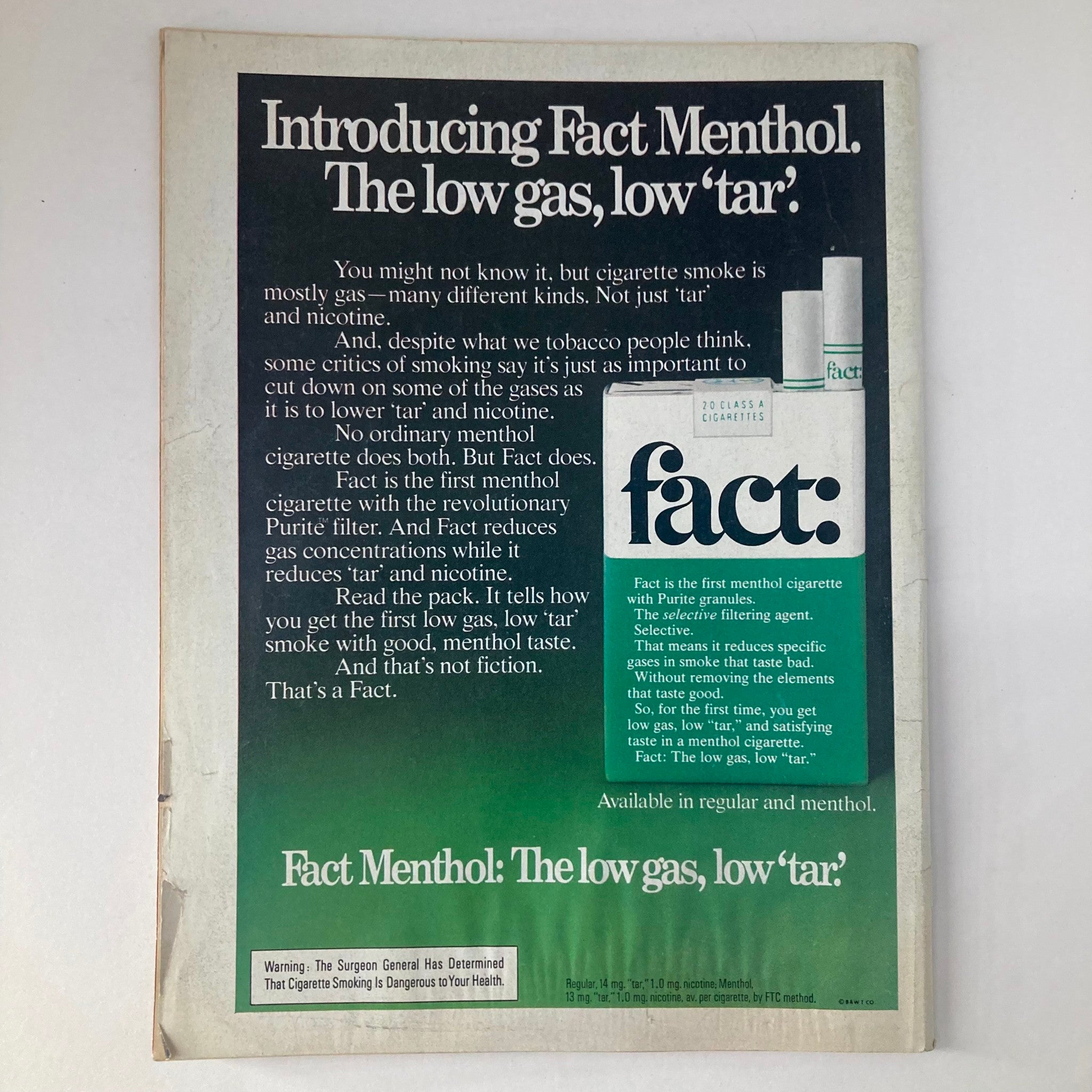 Back cover of VTG Newsweek Magazine November 15, 1976 displaying an advertisement for Fact Menthol cigarettes emphasizing their low gas and low tar features.