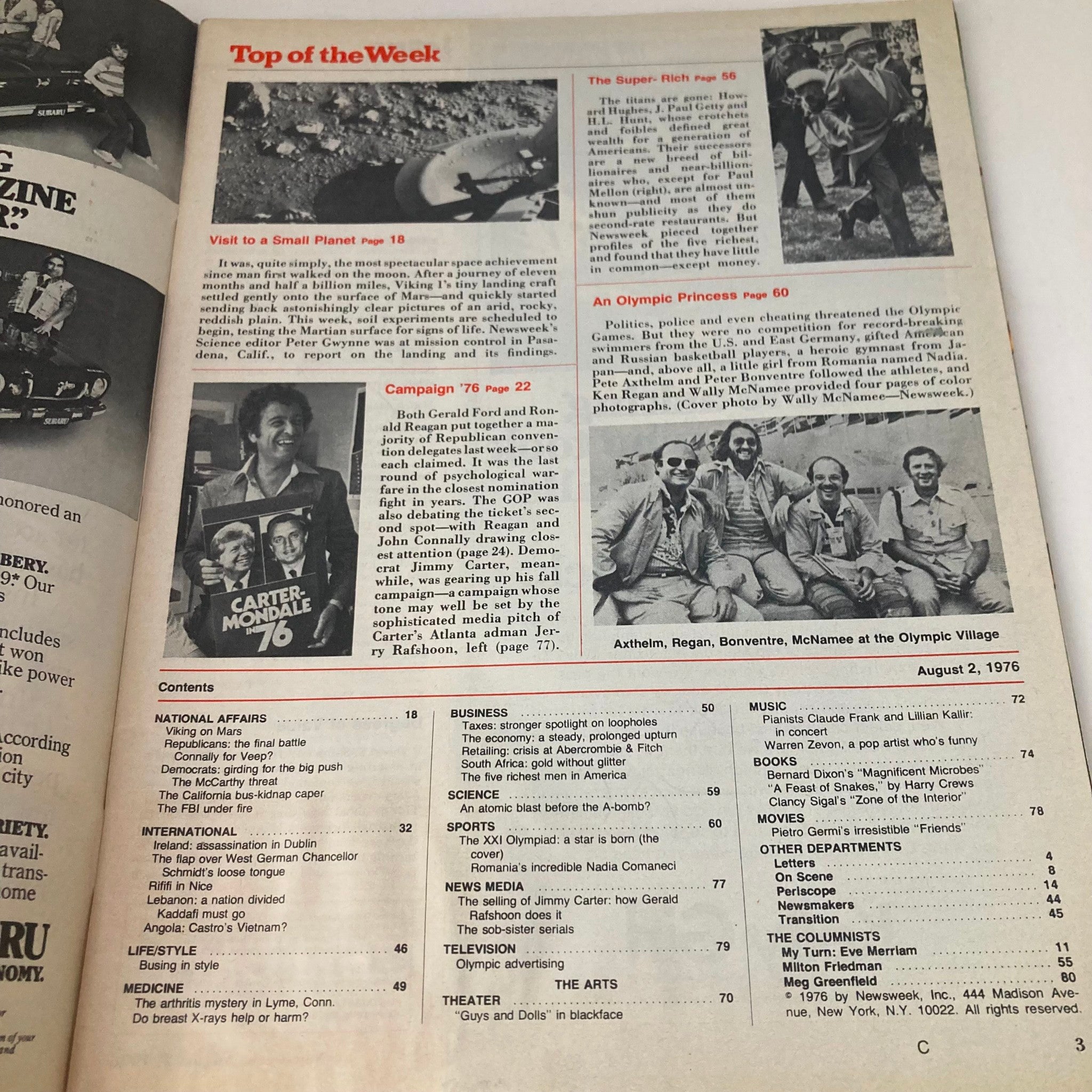 Contents page of VTG Newsweek Magazine August 2, 1976 showcasing articles including one on Nadia Comaneci under the section 'Top of the Week'.