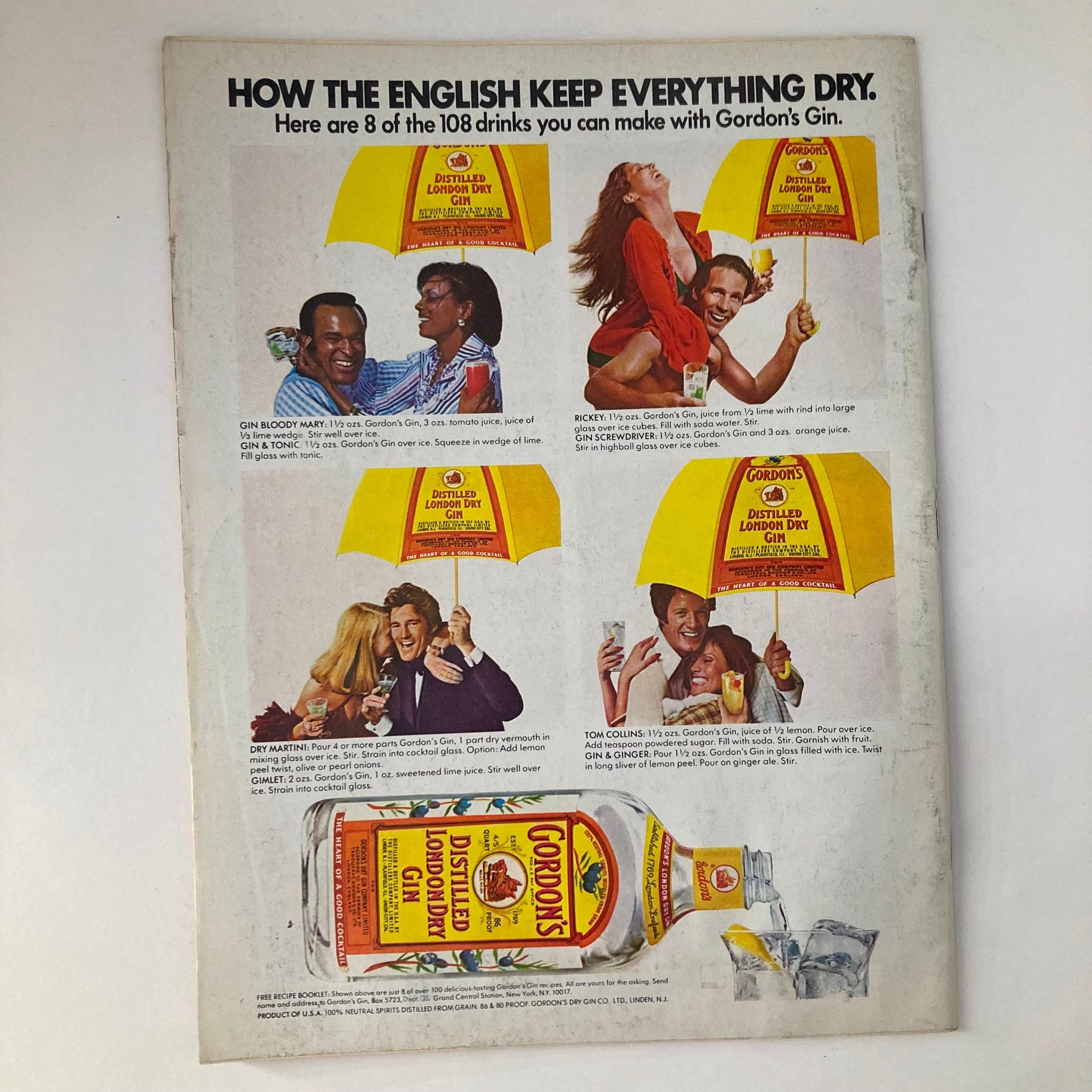 Back cover of VTG Newsweek Magazine August 2, 1976 displaying an advertisement for Gordon's Gin with drink recipes.