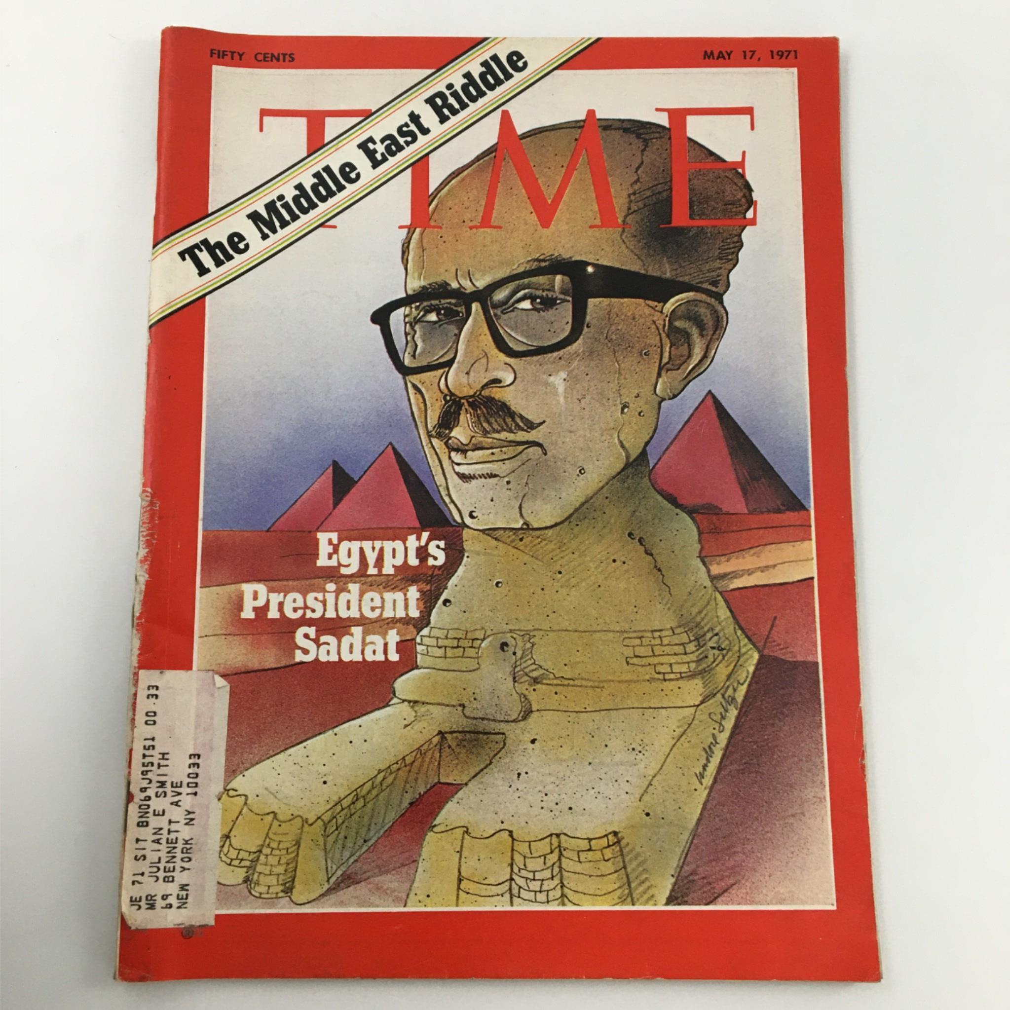 Cover of VTG Time Magazine from May 17, 1971, titled 'The Middle East Riddle,' featuring a caricature of Egypt's President Sadat with pyramids in the background.