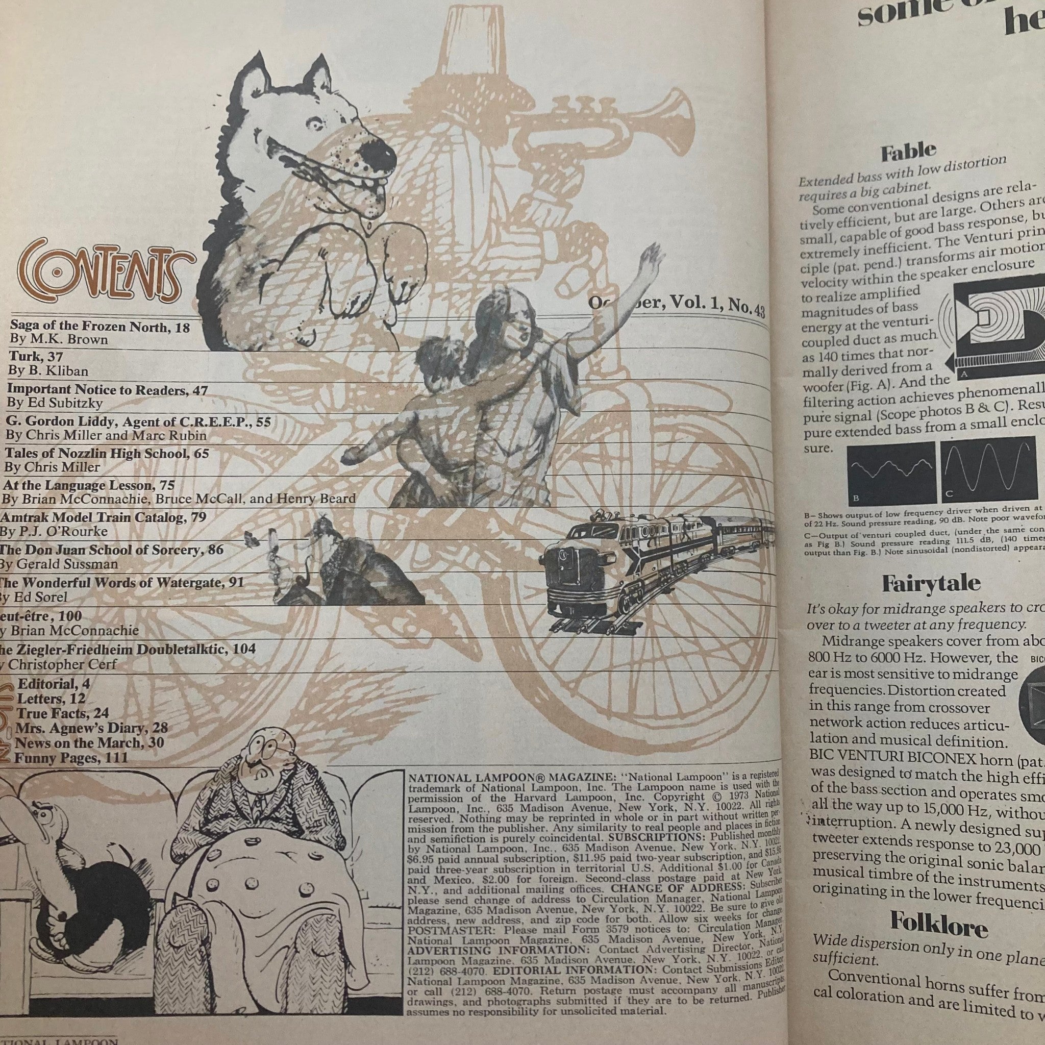 Vintage National Lampoon Magazine Vol 1 #43 October 1973 interior contents page showcasing eclectic illustrations and humorous articles.