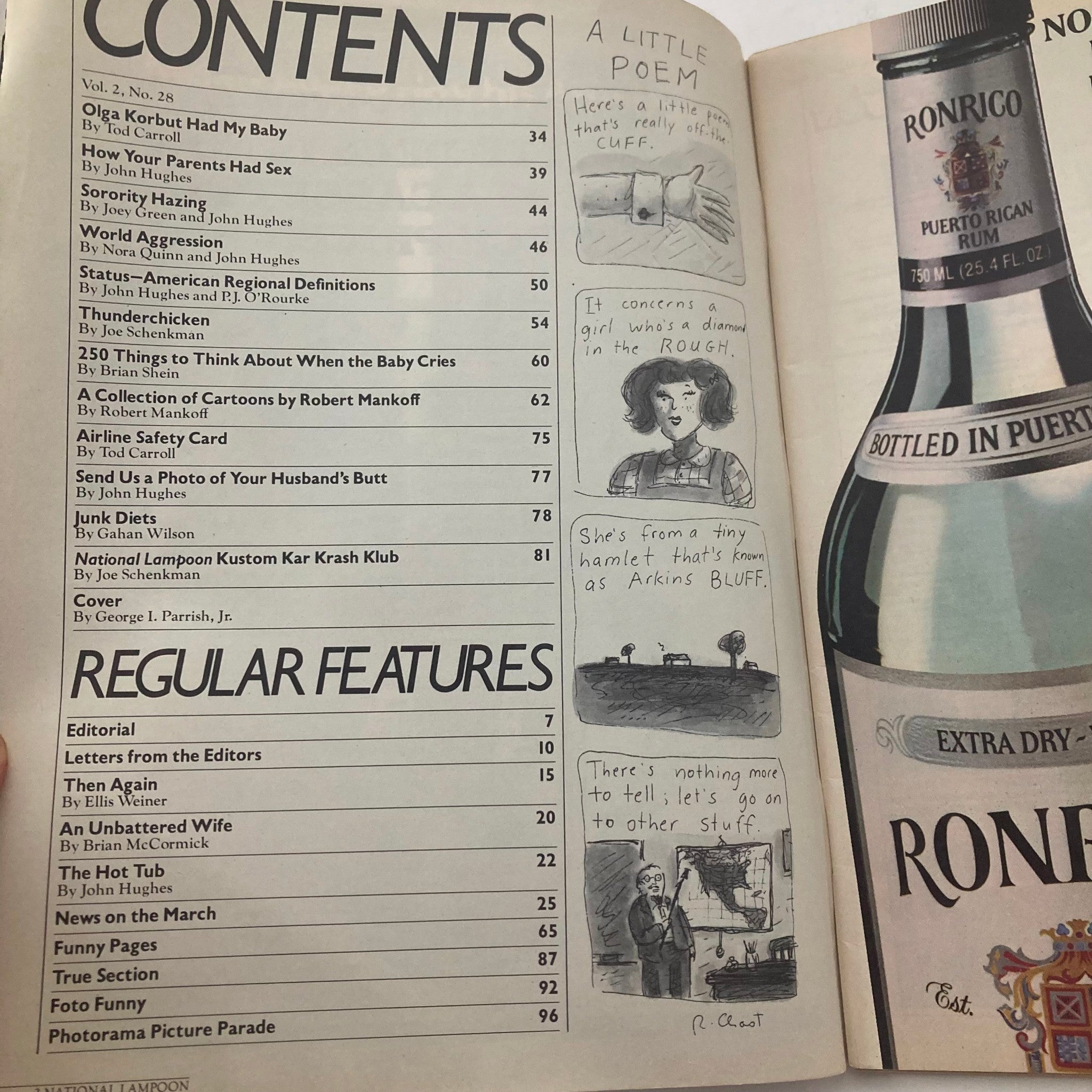 Contents page of Vtg National Lampoon Magazine Nov 1980 Vol 2 No 28, listing articles and humor topics including 'How Your Parents Had Sex' and 'Sorority Hazing', highlighting the comedic nature of the magazine.