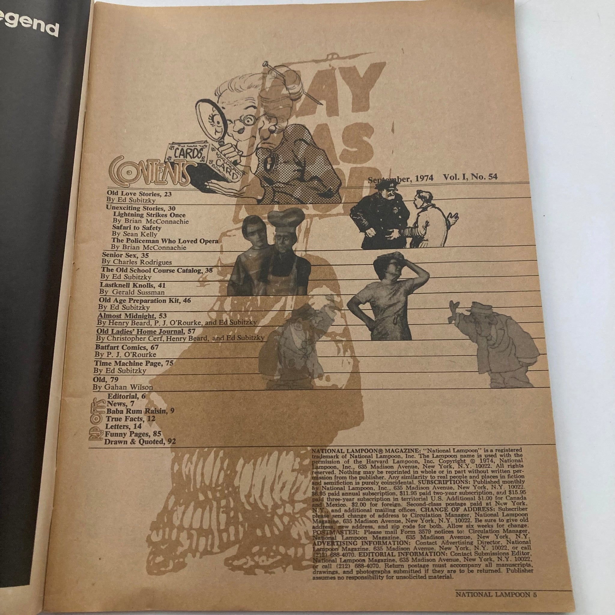 Inside view of Vtg National Lampoon Magazine from September 1974, Vol 1 #54, The Old Age Issue, featuring the table of contents and vintage artwork.