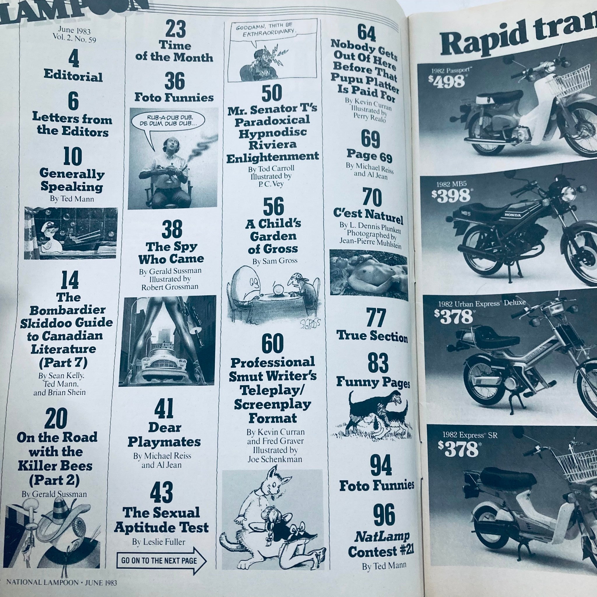 Interior page of Vintage National Lampoon Magazine June 1983 displaying various article headings, illustrations, and humorous content indicative of the magazine's iconic style in Volume 2, Issue 59, titled 'Unexpurgated Eruption'.