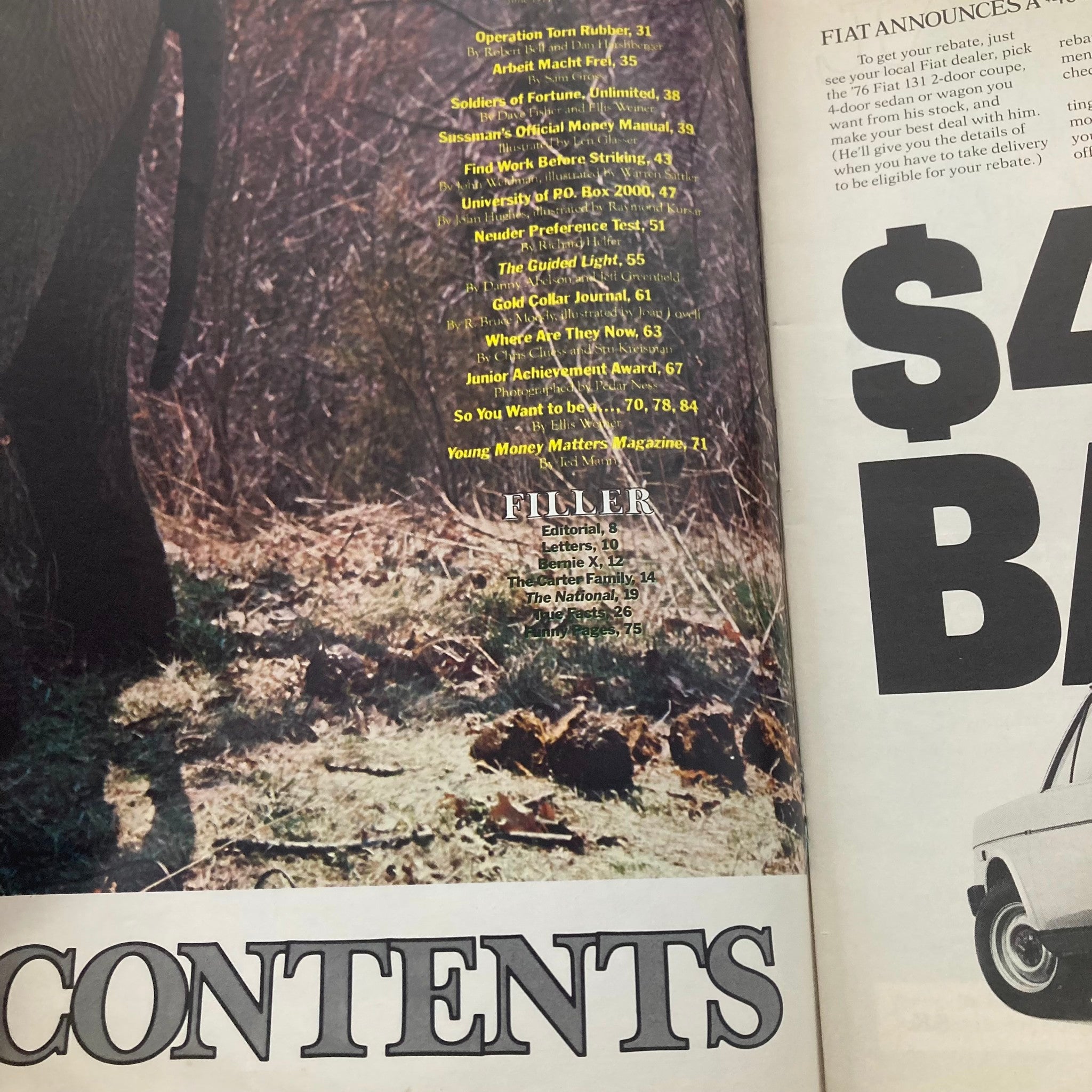 Contents page of Vtg National Lampoon Magazine June 1977 detailing articles including 'Operation Turn Rubber' and other humorous features.