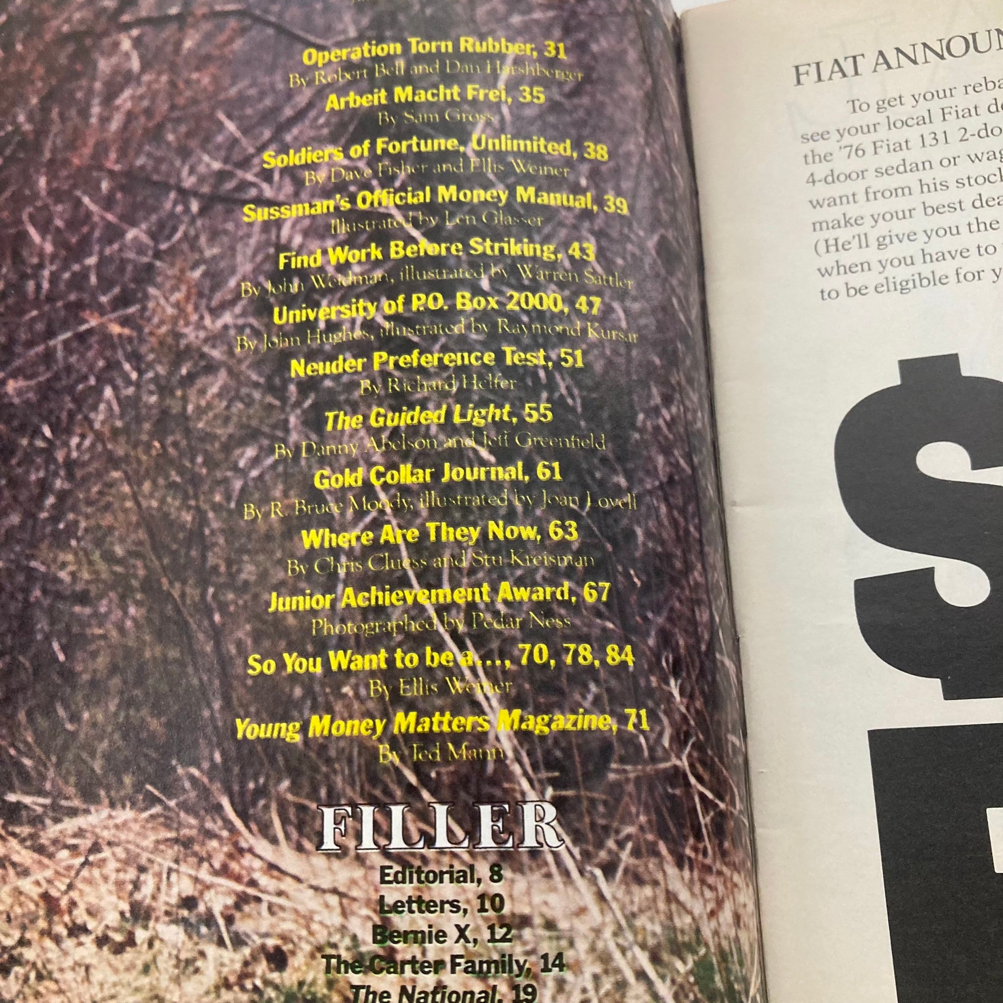 Second view of the contents page from Vtg National Lampoon Magazine June 1977, highlighting various satirical articles and features within the magazine.