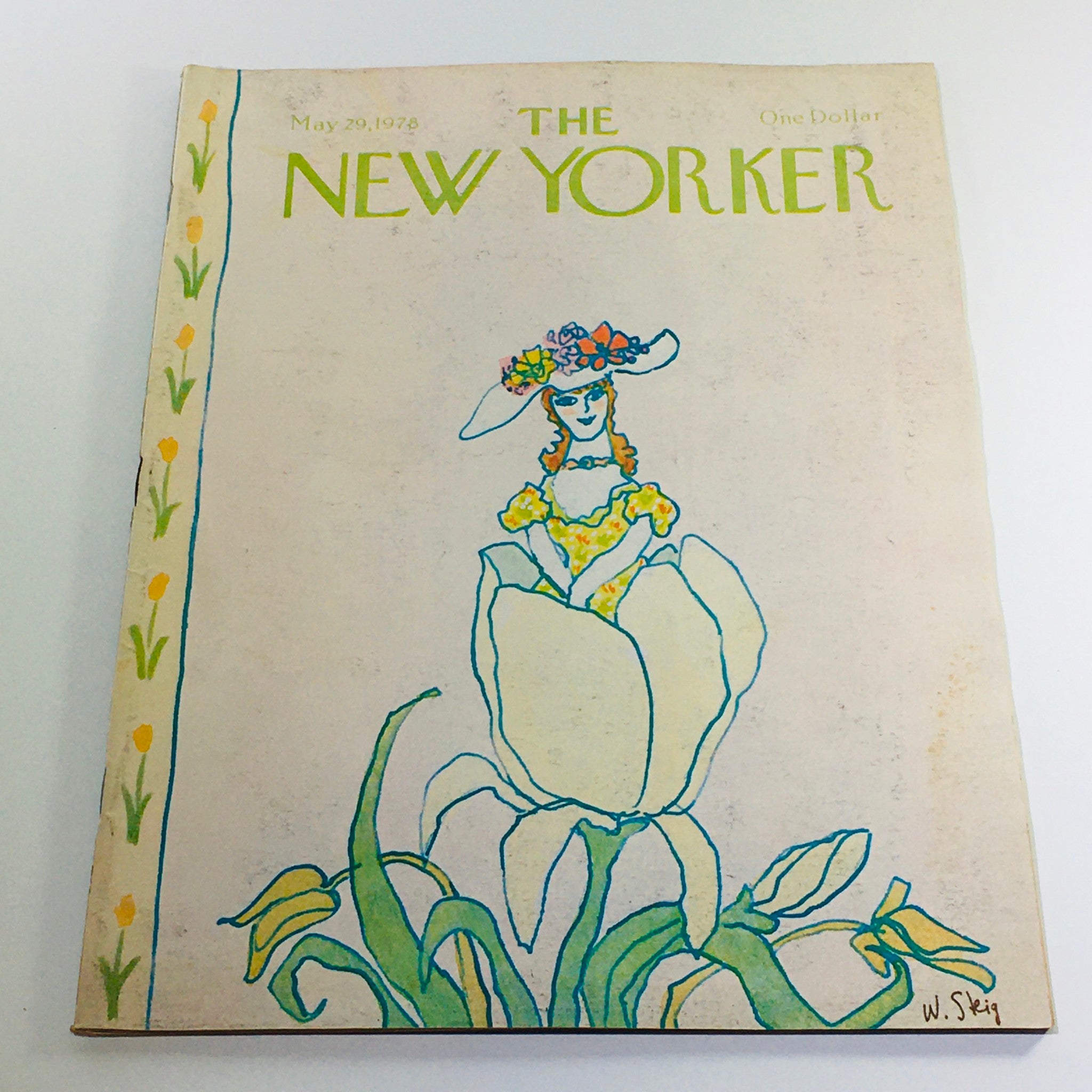 Cover of The New Yorker, May 29, 1978, featuring artwork by William Steig, depicting a woman in a hat surrounded by flowers, showcasing vintage illustration and design aesthetics.