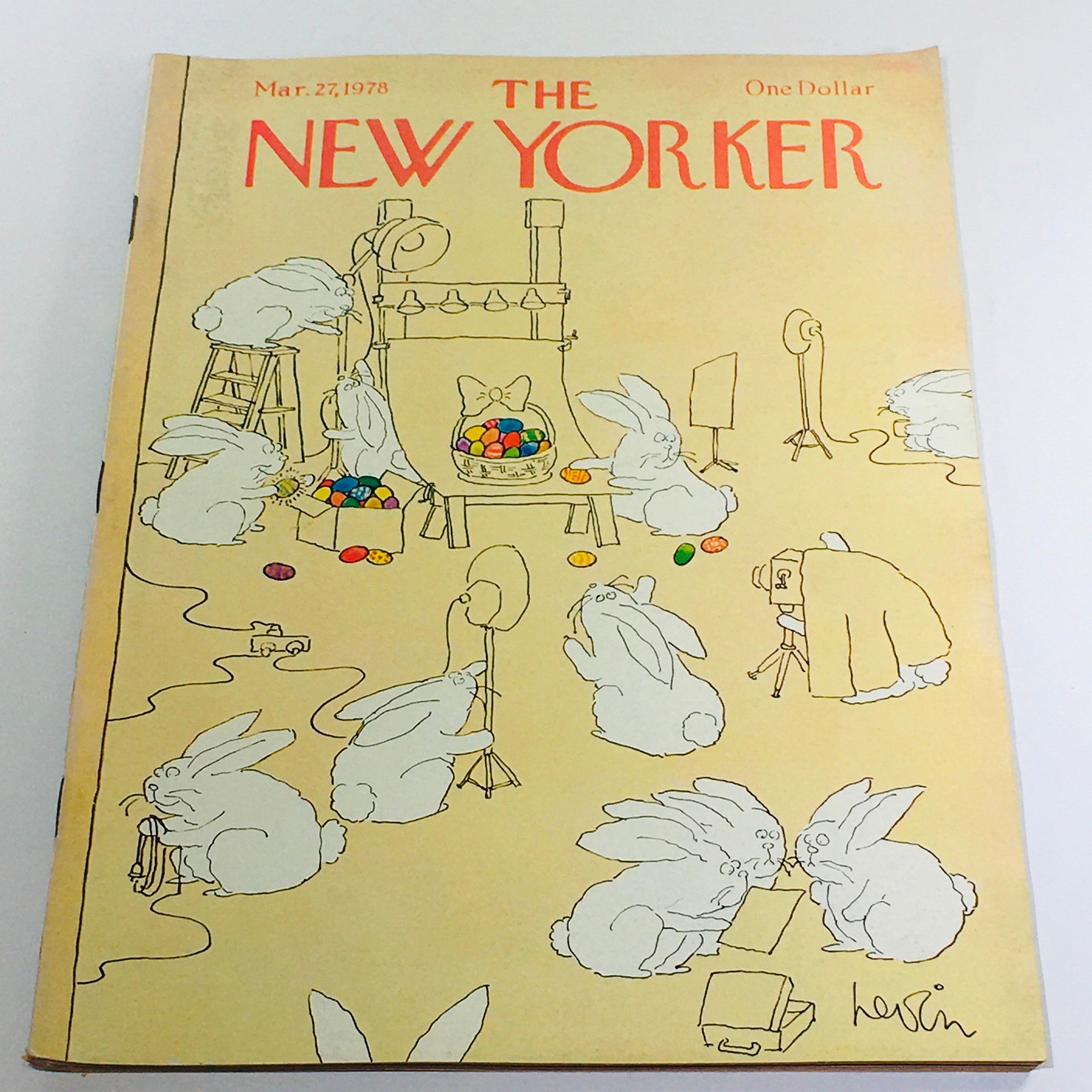 Cover of The New Yorker magazine from March 27, 1978, illustrated by Arnie Levin, featuring whimsical rabbits engaged in various activities around colorful Easter eggs.