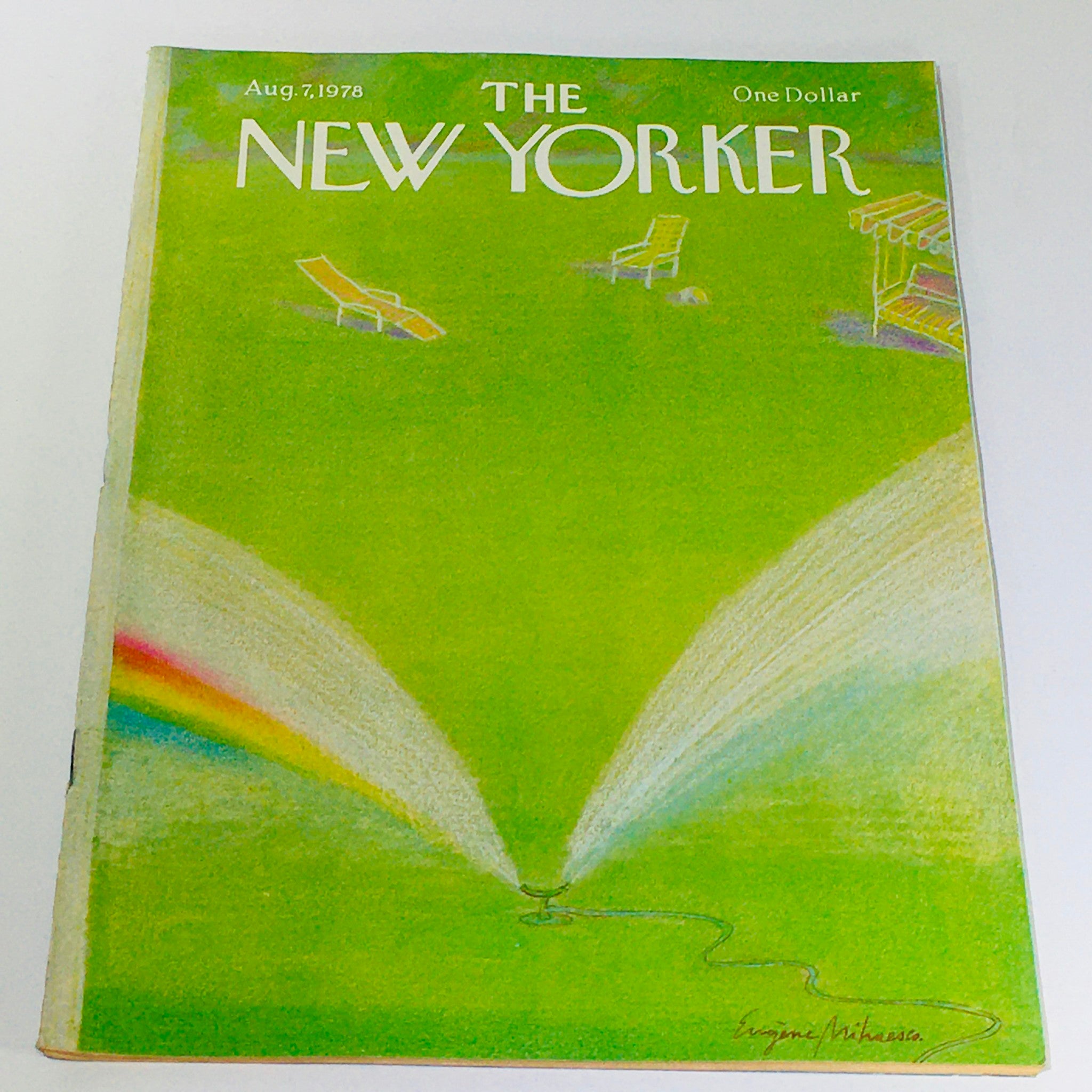 Cover of The New Yorker magazine from August 7, 1978, featuring a vibrant theme cover design by Eugene Mihaesco, showcasing a green lawn with sprinklers and a rainbow.