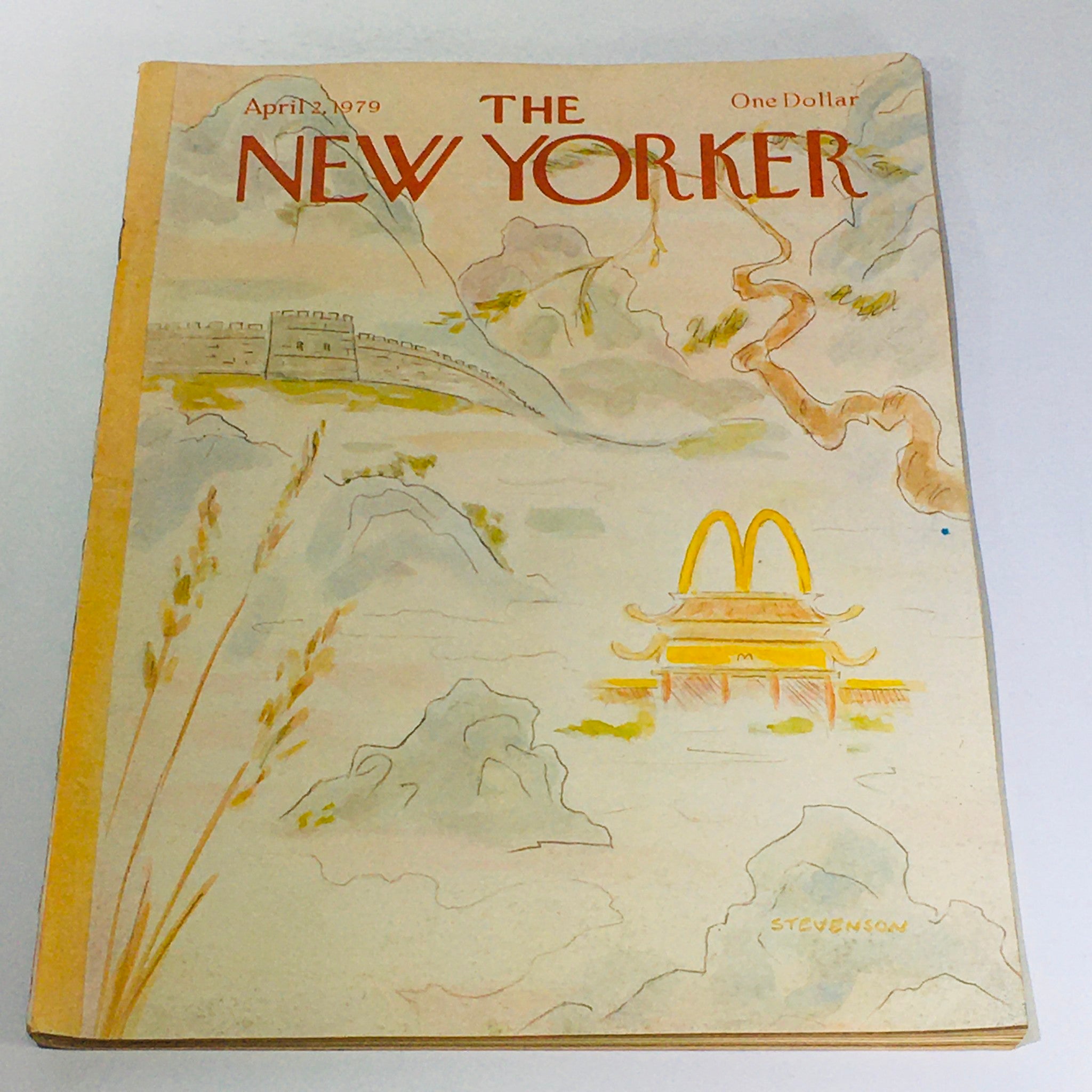 The New Yorker April 2 1979 Full Magazine with theme cover art by James Stevenson, showcasing an artistic representation of Asian architecture and natural scenery, capturing the essence of the era.