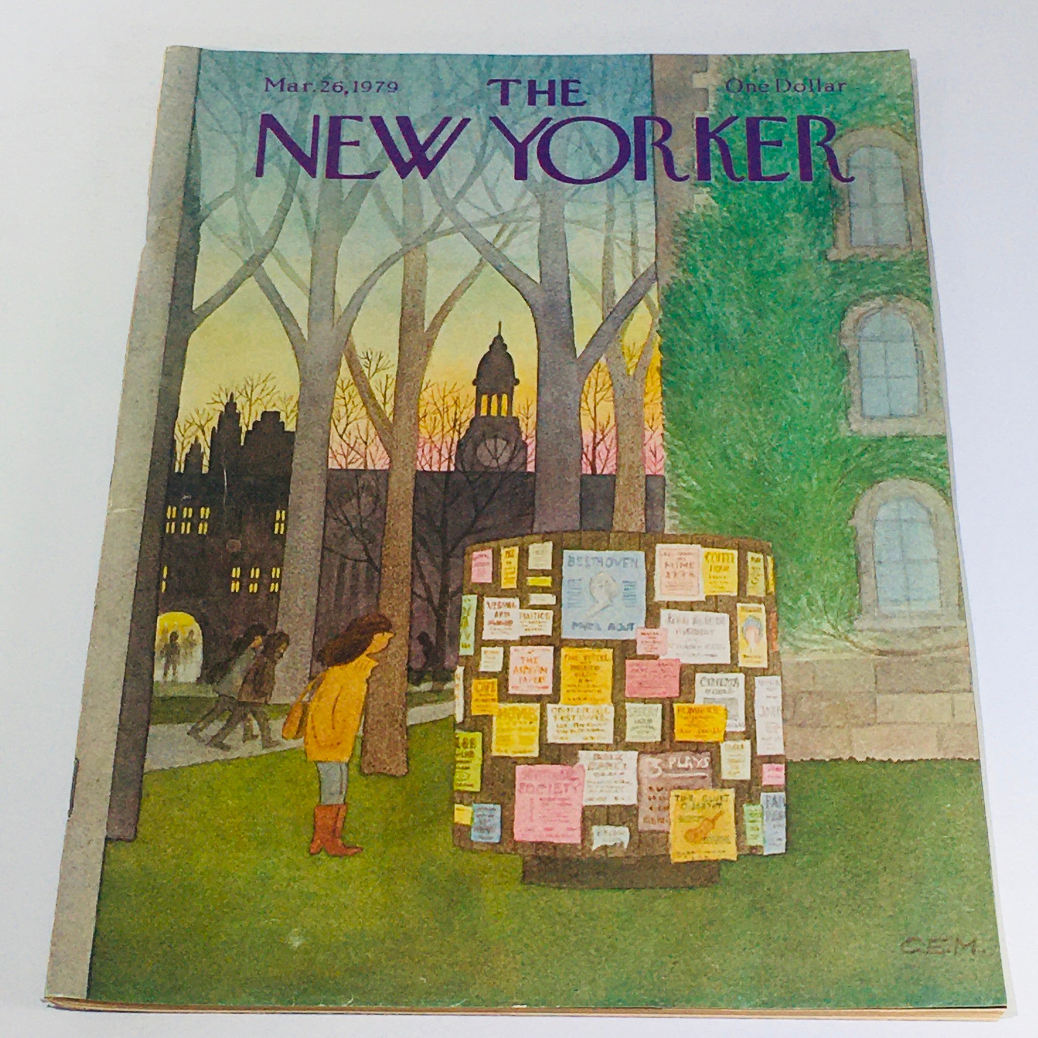 The New Yorker magazine cover from May 26, 1979, featuring an artistic illustration showing a young girl observing a bulletin board filled with colorful flyers amidst a park setting during dusk.