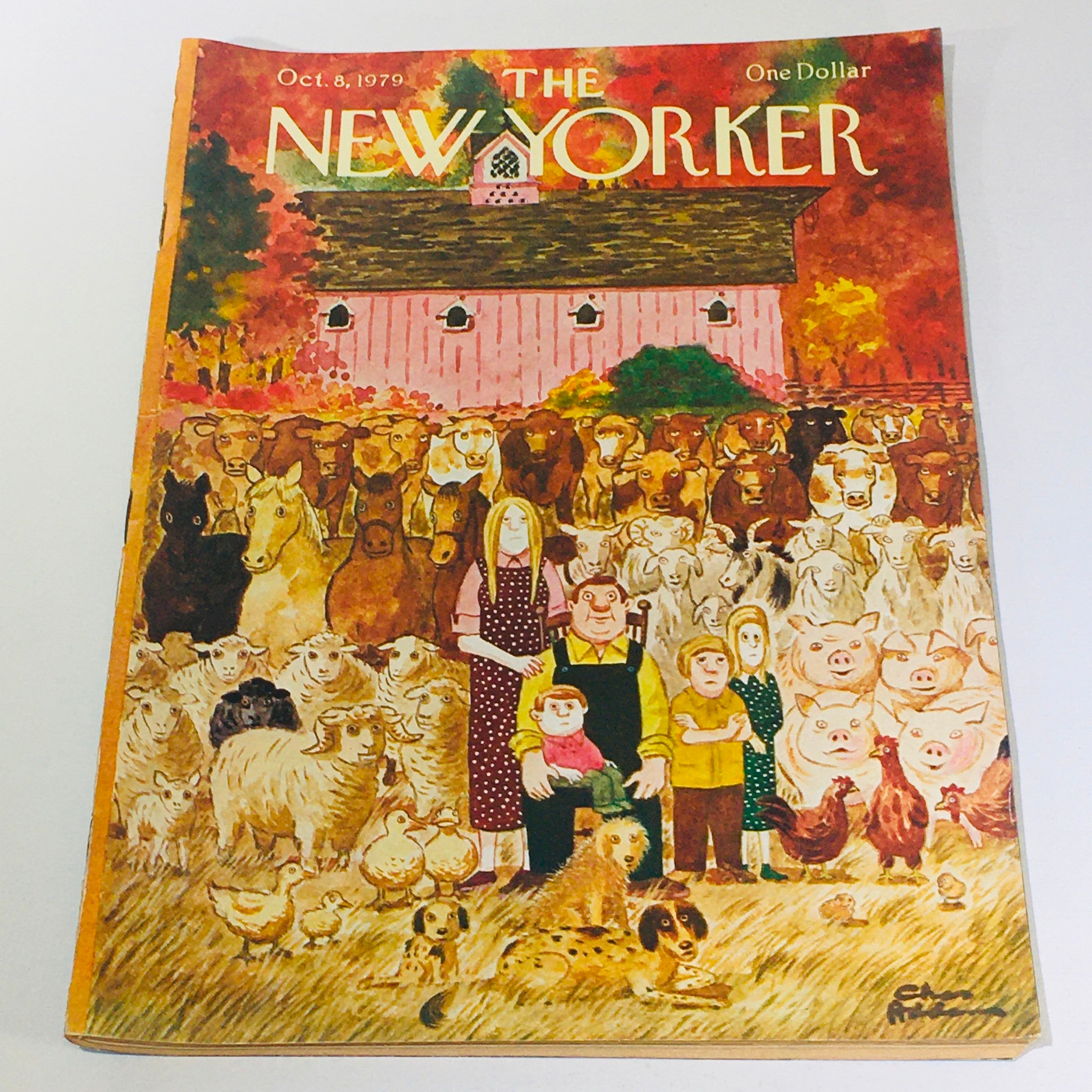 Cover of The New Yorker magazine dated October 8, 1979, illustrated by Chas Addams, featuring a whimsical scene with animals and people on a farm, showcasing Addams' unique artistic style.