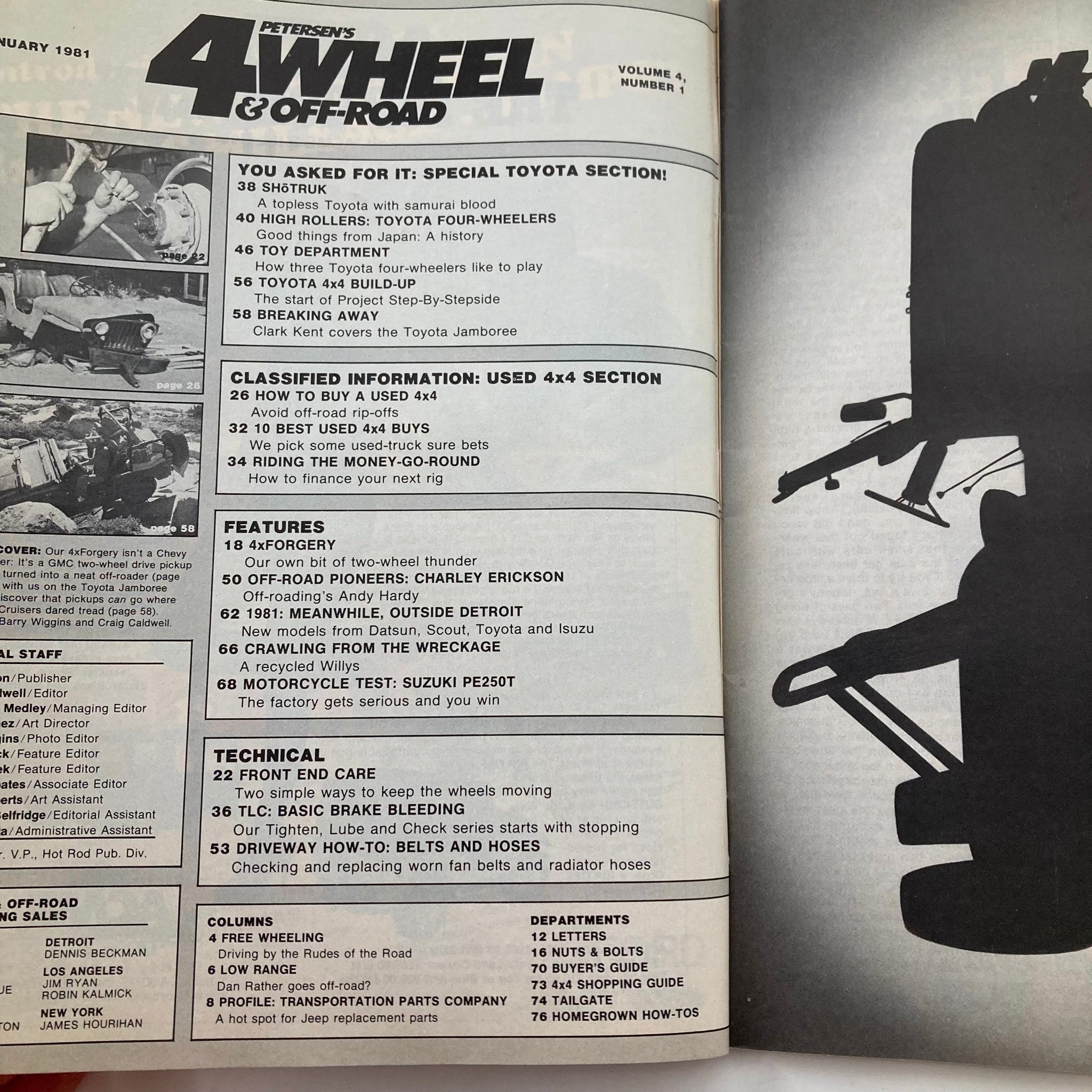 Inside page from Petersen's 4 Wheel & Off-Road Magazine, January 1981, showcasing the featured articles and contents, including a special section on Toyota vehicles and various 4x4 insights.