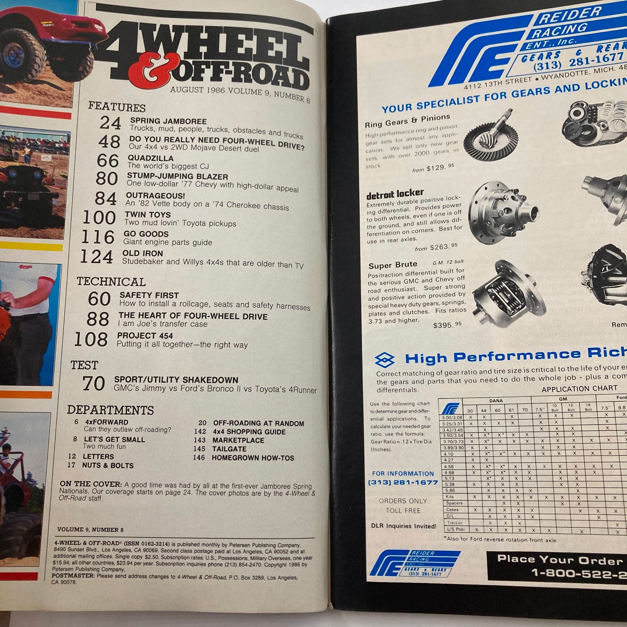Inside page of VTG Petersen's 4 Wheel & Off-Road Magazine August 1986 showcasing articles and features related to off-roading and vehicle performance.